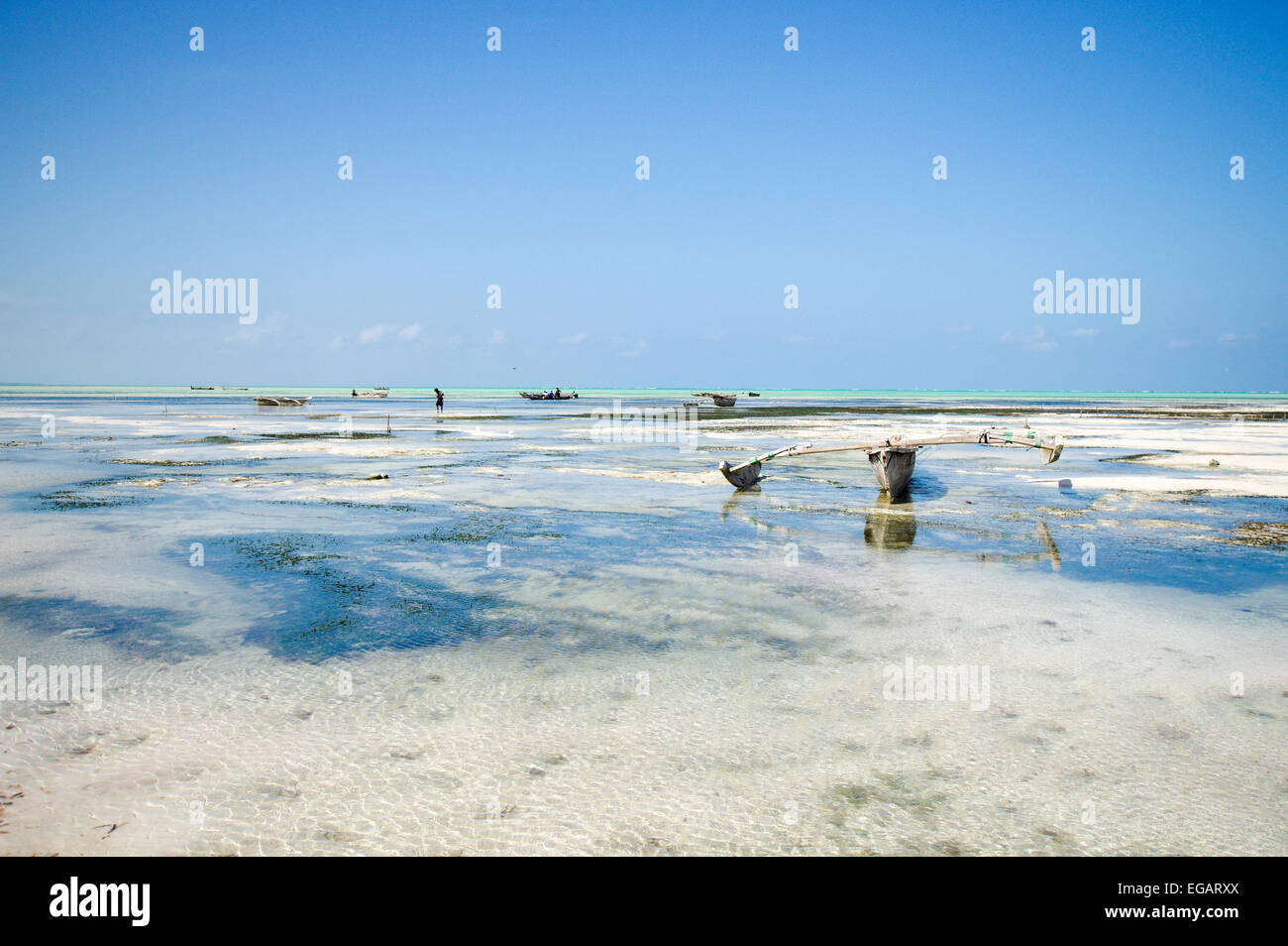 Ngalawa resting on the mudflats during low tide - Jambiani, Zanzibar Stock Photo