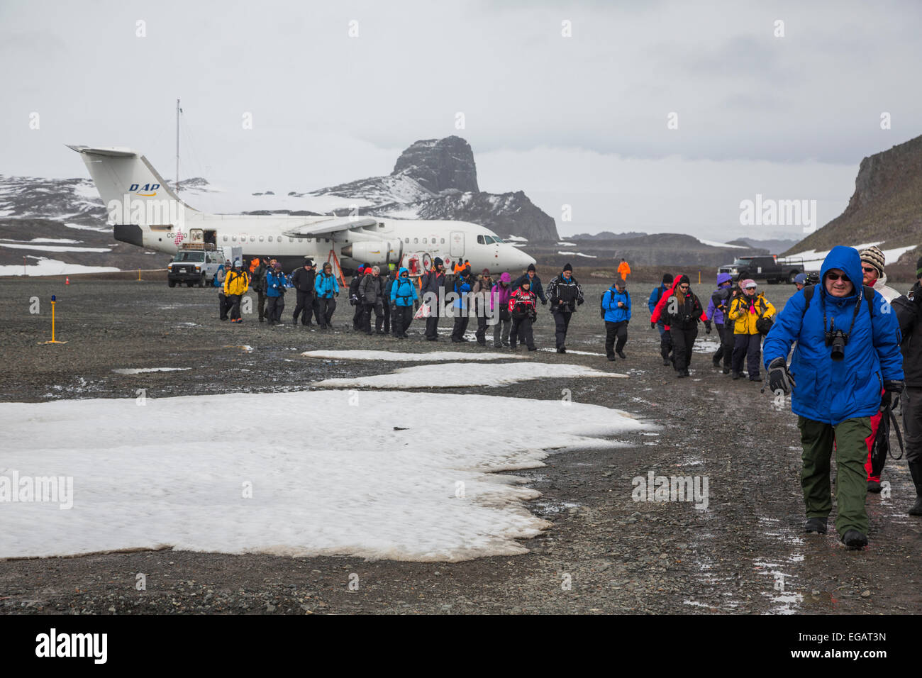 participants in photo expedition disembarking at at Frei Station, King George Island, Antarctica Stock Photo
