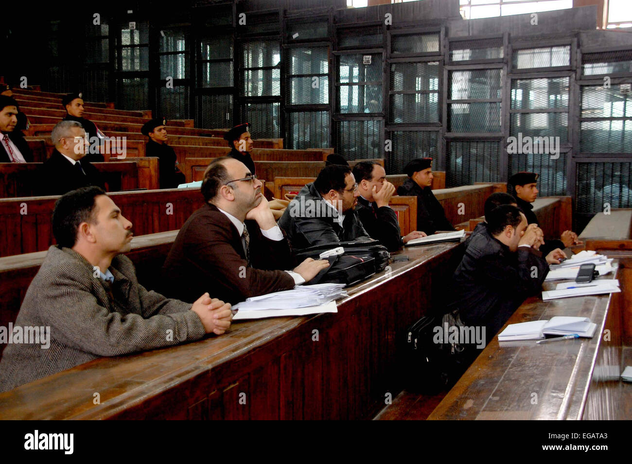 Cairo, Egypt. 21st Feb, 2015. The lawyers attend the trial of suspects in the ''Rabaa Operation Room'' case, in Cairo on February 12, 2015. The prosecution accused the defendants of several charges relating to preparation of an operation room to guide the movement of the Muslim Brotherhood organization in order to confront the state and spread chaos in the country Rabaa and Al Nahda sit-in clearing, and also accused them of plotting to storm and burn police stations, private properties and churches © Stringer/APA Images/ZUMA Wire/Alamy Live News Stock Photo