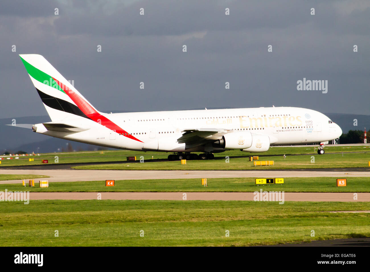 Emirates Airbus A380, taxiing on Manchester Airport. Stock Photo