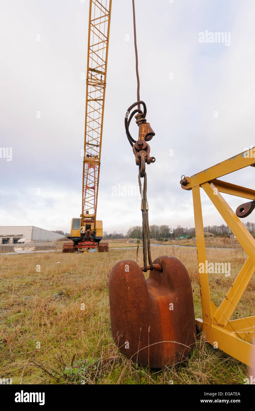 Closeup of wrecking ball attached to a demolition crane. Stock Photo