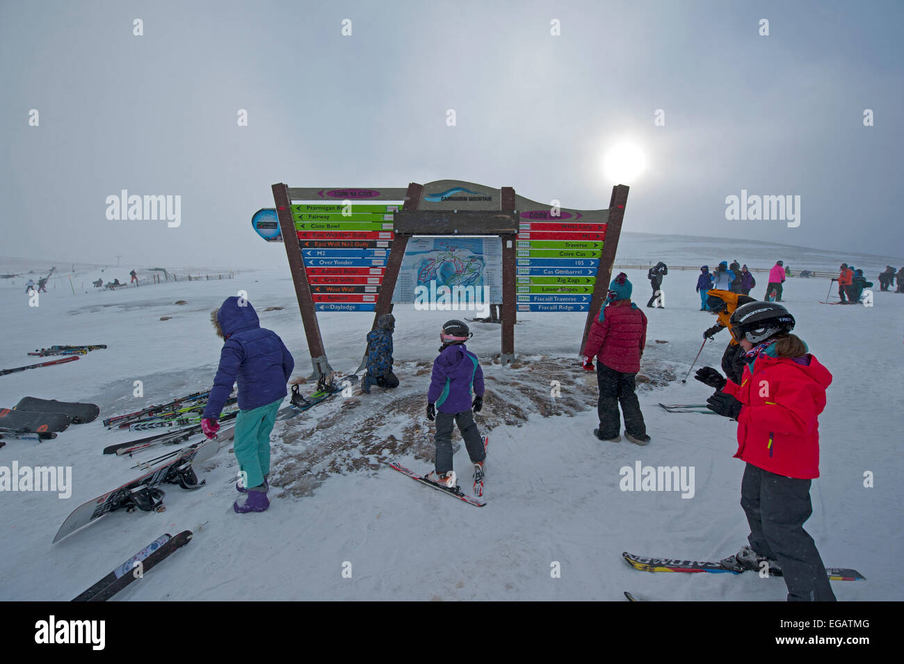 The piste status sign at the top station on Cairngorm mountain for skiers and snowboarders.  SCO 9588. Stock Photo