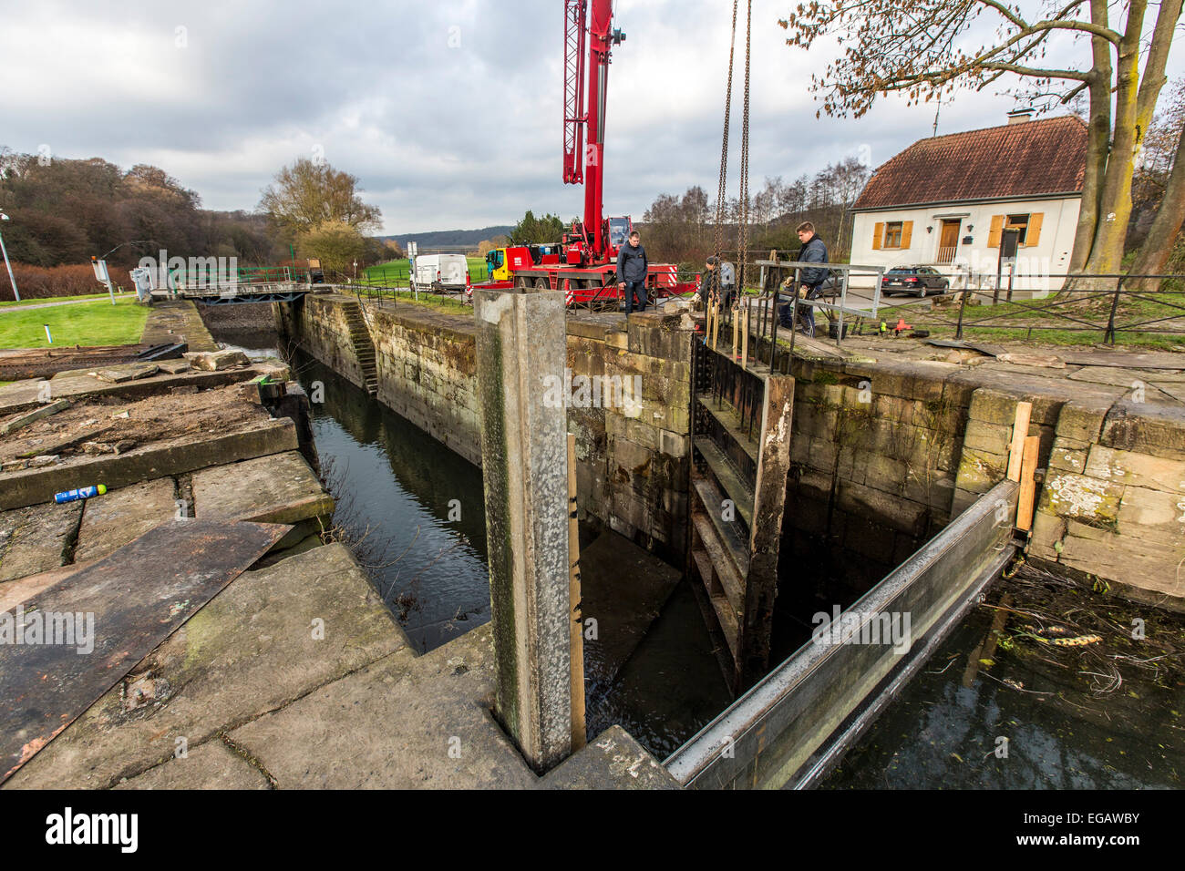 Renovation of historic 'Blankenstein' river lock, river Ruhr, Stock Photo