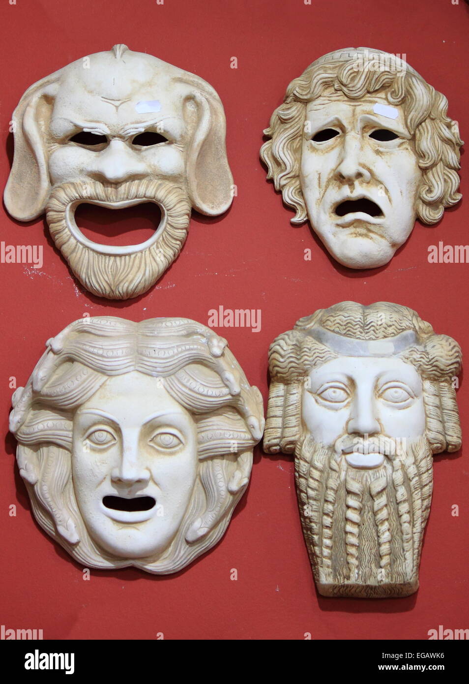 Ancient Greece theatre masks in marble stone Stock Photo