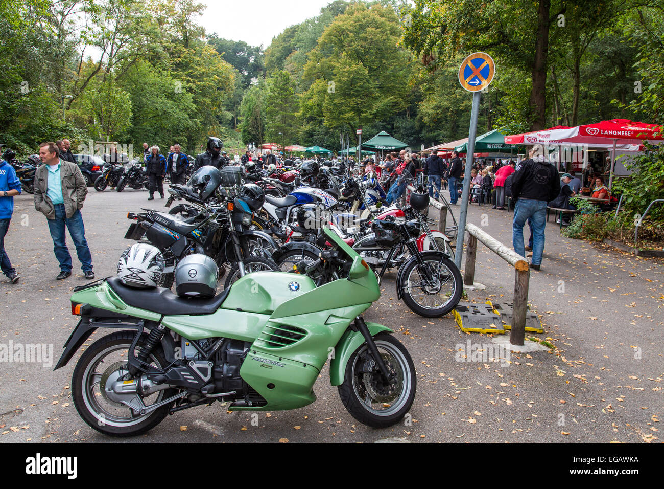 Motorbike hot spot, meeting place for bikers, at river Ruhr, 'Haus Scheppen', Essen, Germany Stock Photo