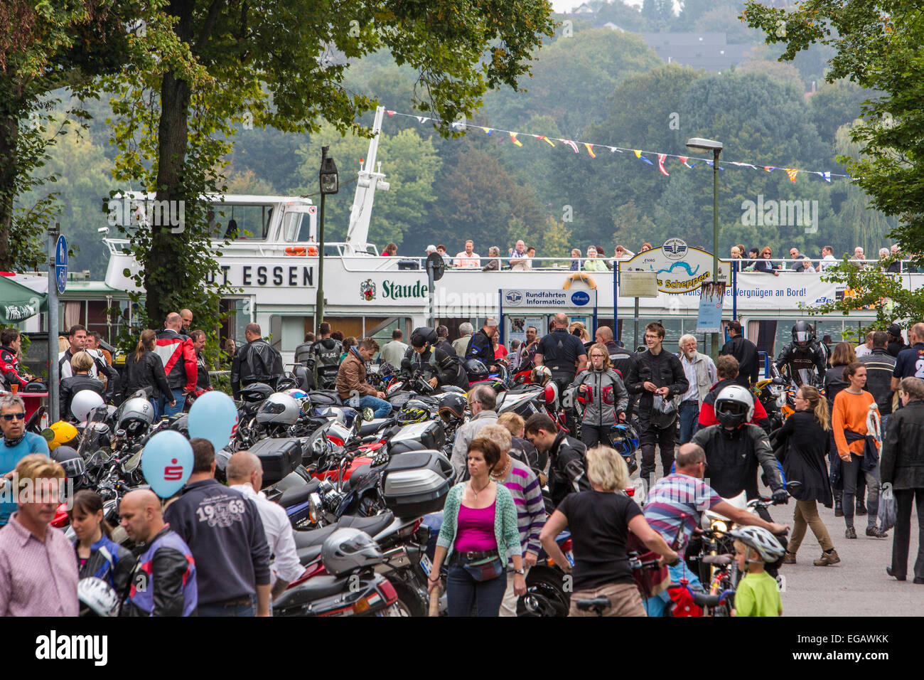 Motorbike hot spot, meeting place for bikers, at river Ruhr, 'Haus Scheppen', Essen, Germany Stock Photo