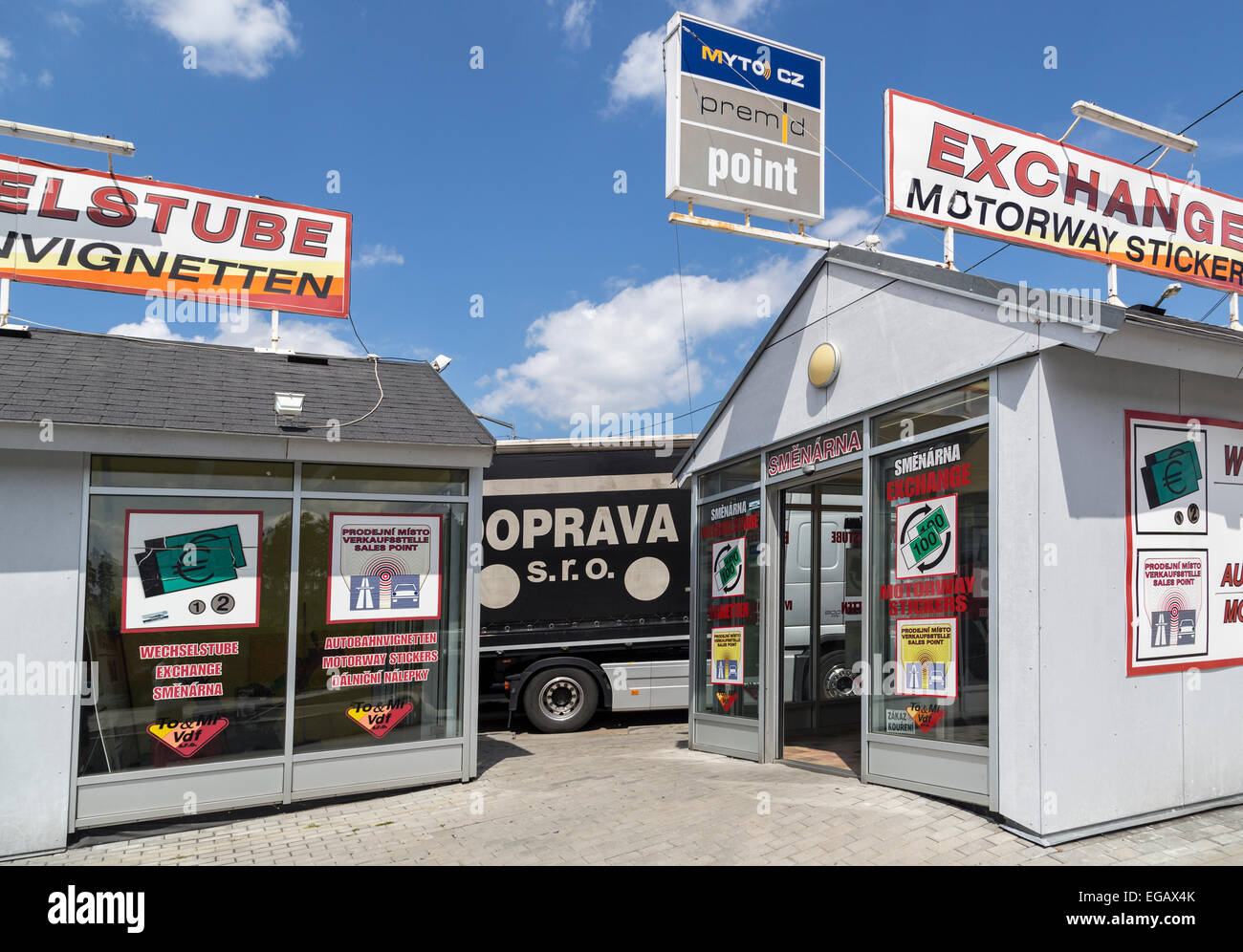 Border crossing point at Waidhaus from Germany to Czech Republic for currency exchange and vignette tax stickers Stock Photo