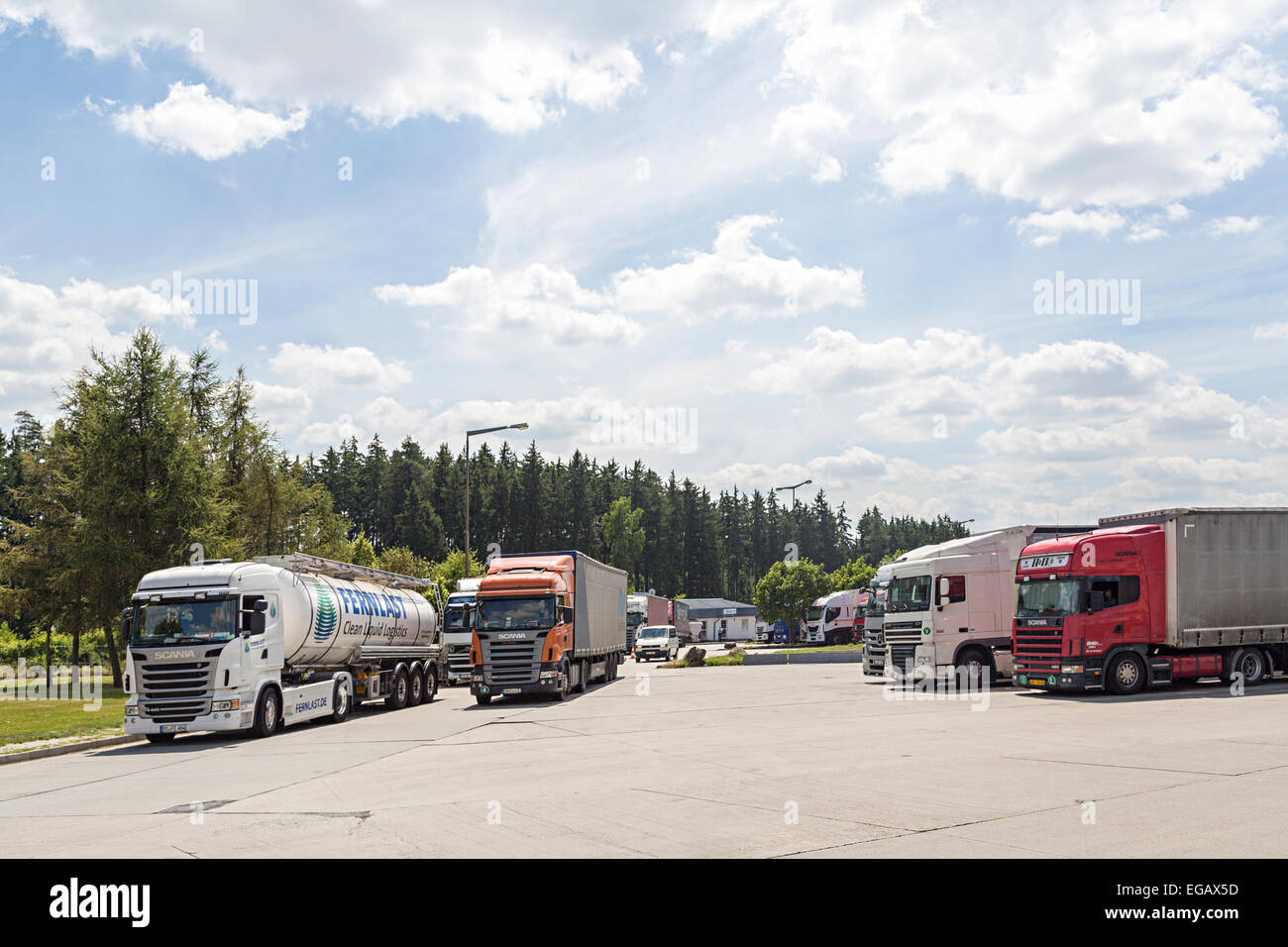 International lorry transport at border crossing point at Waidhaus from Germany to Czech Republic Stock Photo