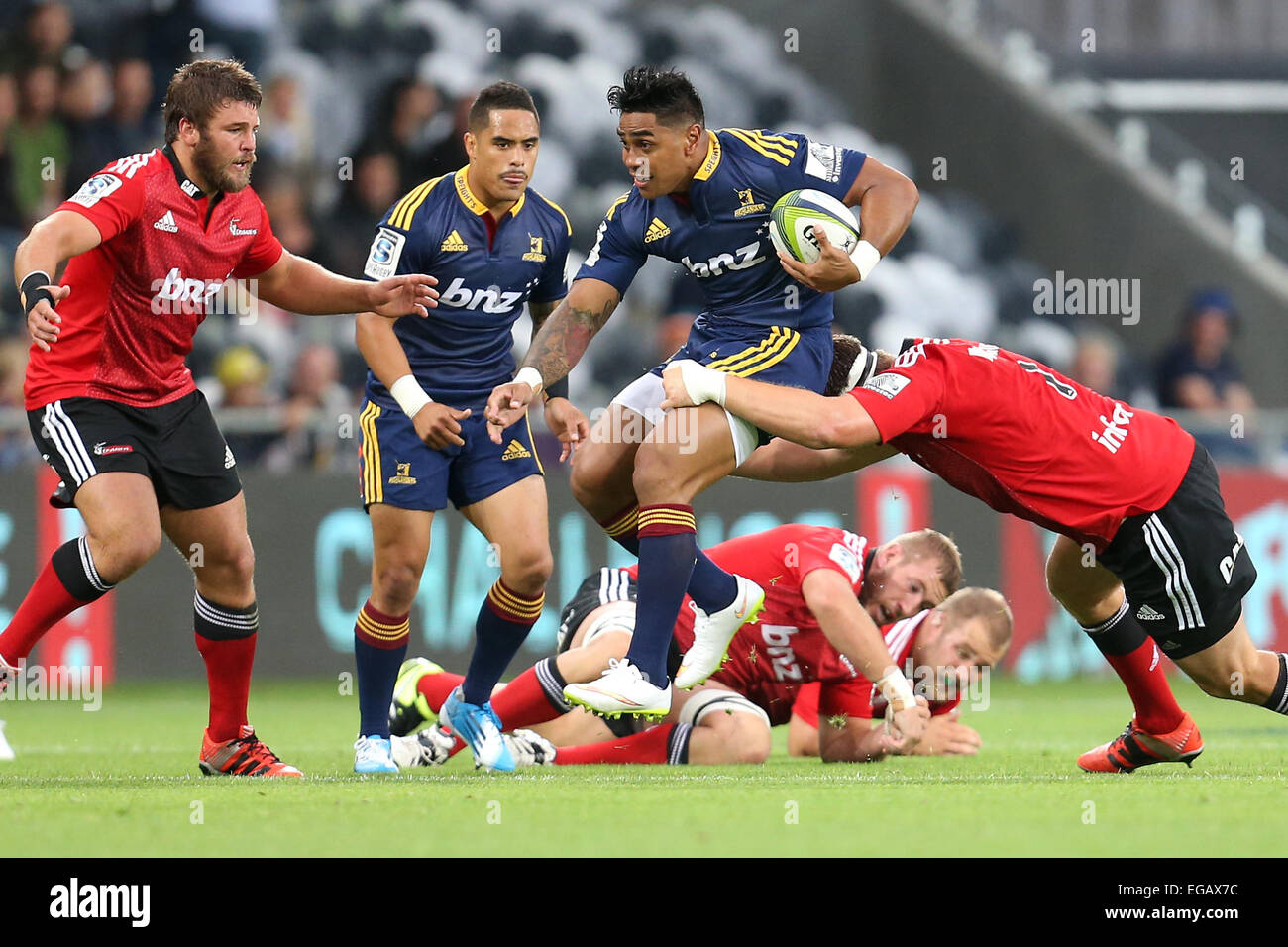 Dunedin, New Zealand. 21st Feb, 2015. Malakai Fekitoa of the Highlanders in action during the Super 15 rugby match between the Highlanders and the Crusaders at Forsyth Barr Stadium, Dunedin, Saturday, February 21, 2015. Credit:  Action Plus Sports/Alamy Live News Stock Photo