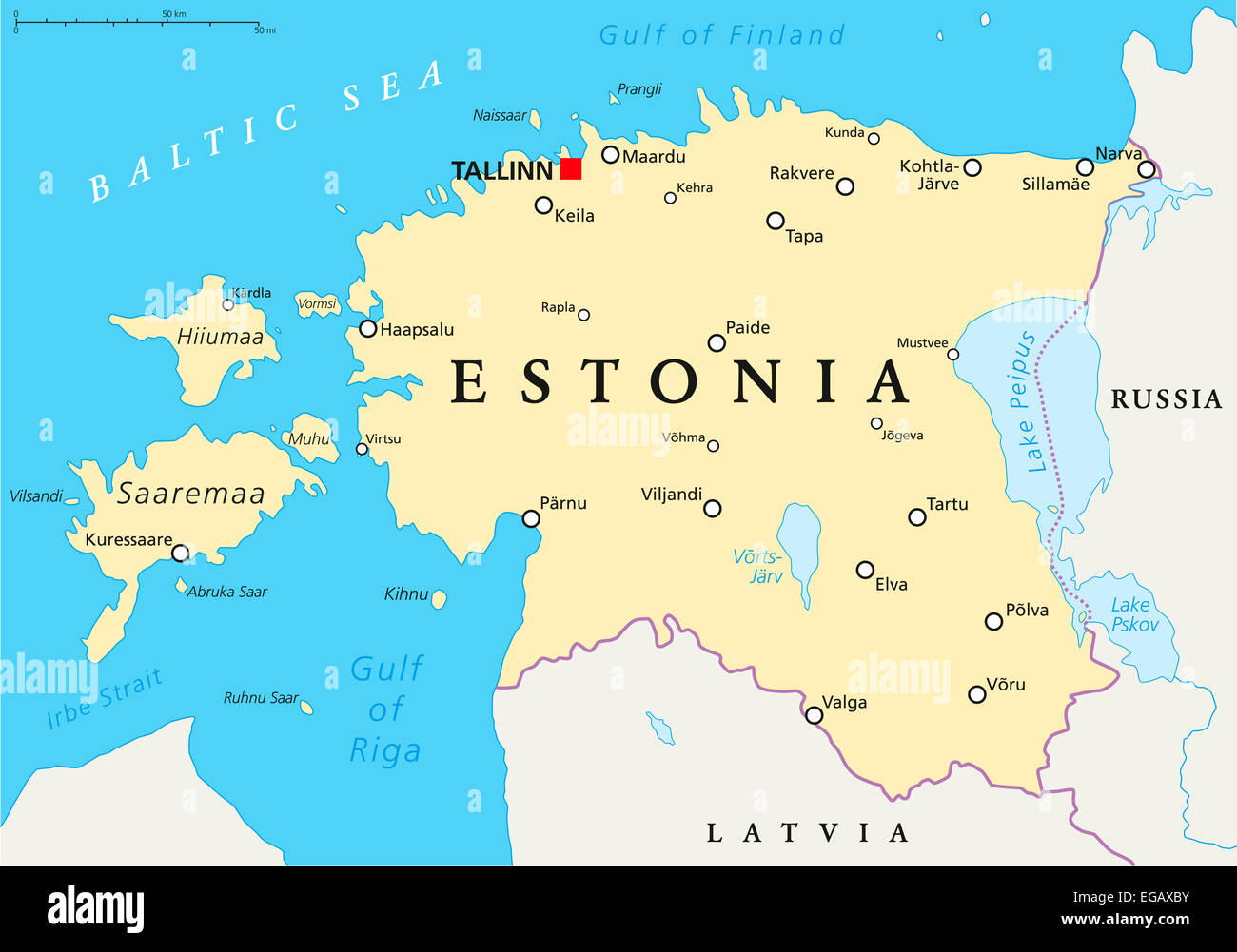 Estonia Political Map with capital Tallinn, national borders, important cities, rivers and lakes. English labeling and scaling. Stock Photo