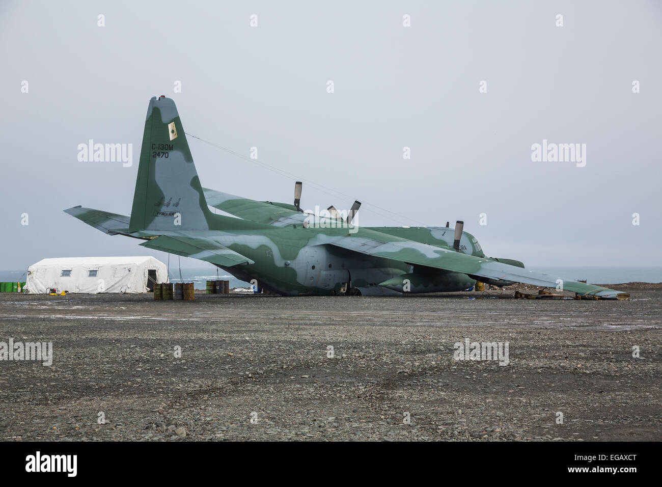 crashed Brazilian Air Force Lockheed C-130 Hercules at Frei Station, King George Island, Antarctica Stock Photo