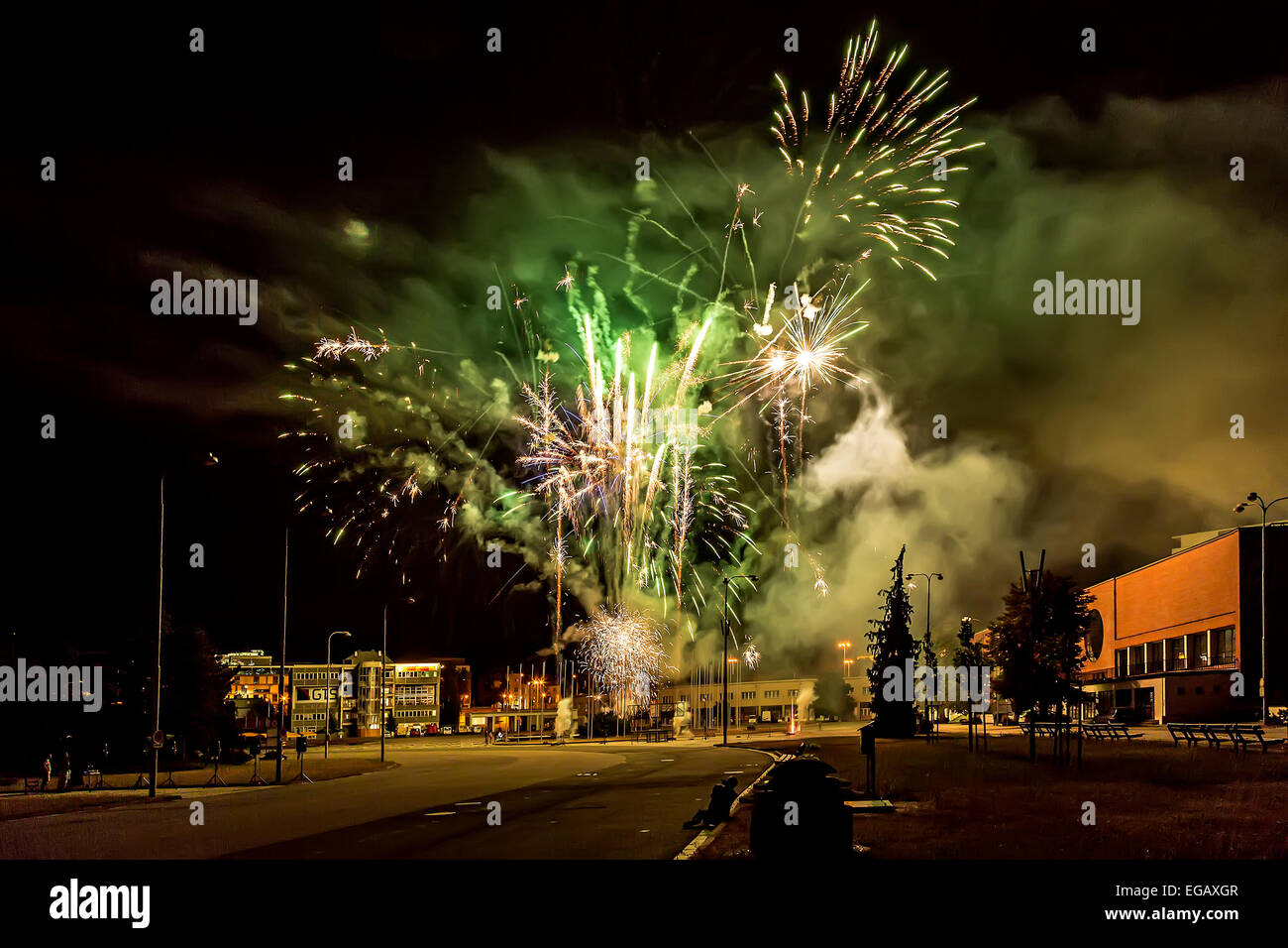Fireworks in town centre, Brno, Czech Republic Stock Photo