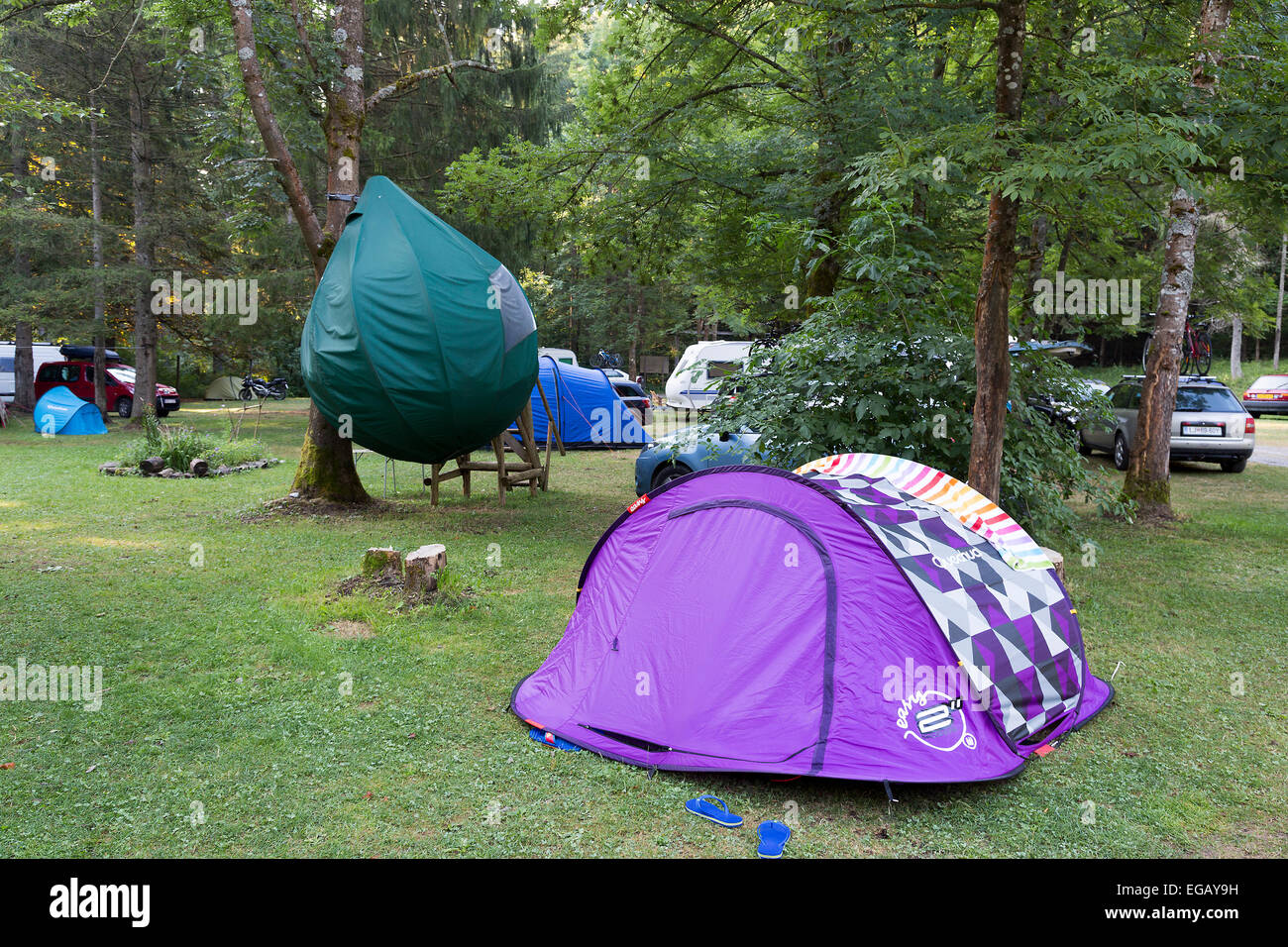 Tent pod on campsite, Kranjska Gora, Slovenia Stock Photo