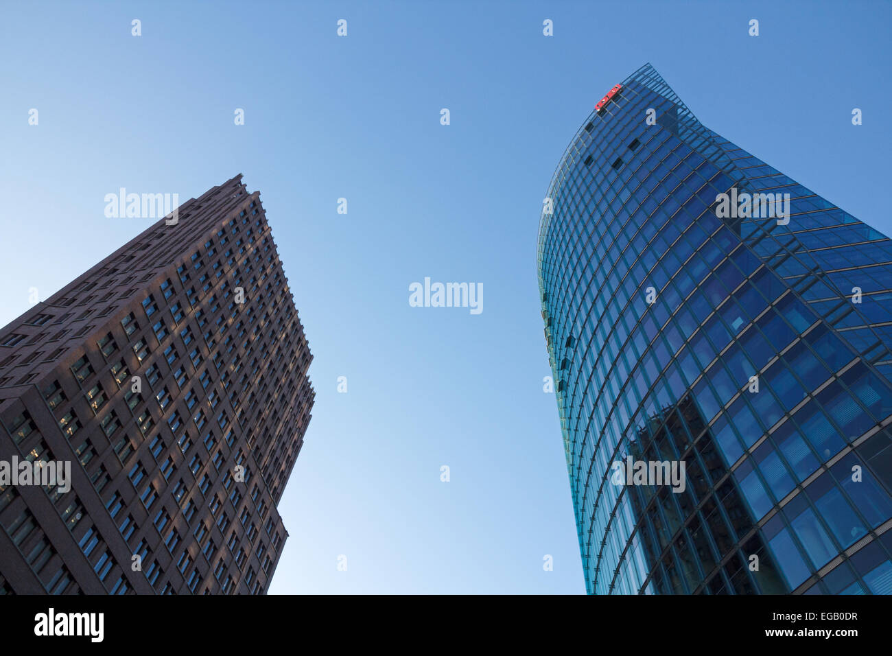 [Editorial Use Only] Kollhof tower and DB tower during sunset at the Potsdamer Platz, Berlin, Germany Stock Photo