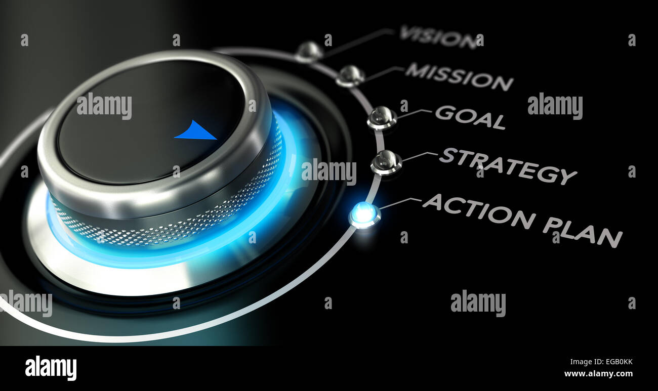 Switch button with blue light, black background. Conceptual image for illustration of business action plan. Stock Photo