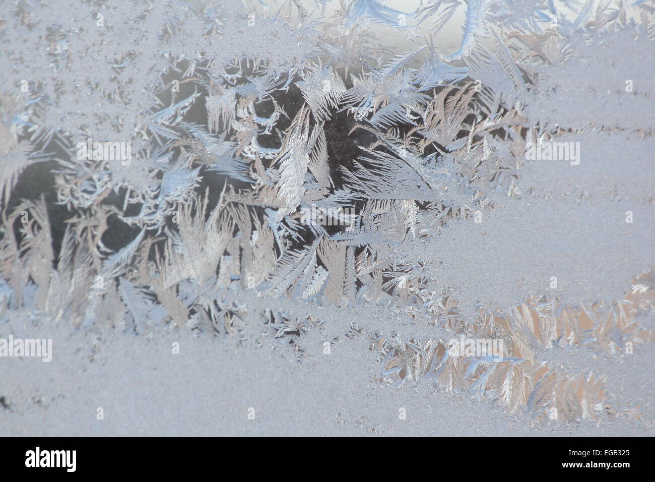 Frost formed a design on the outside of a house window on a very cold afternoon in the winter Stock Photo