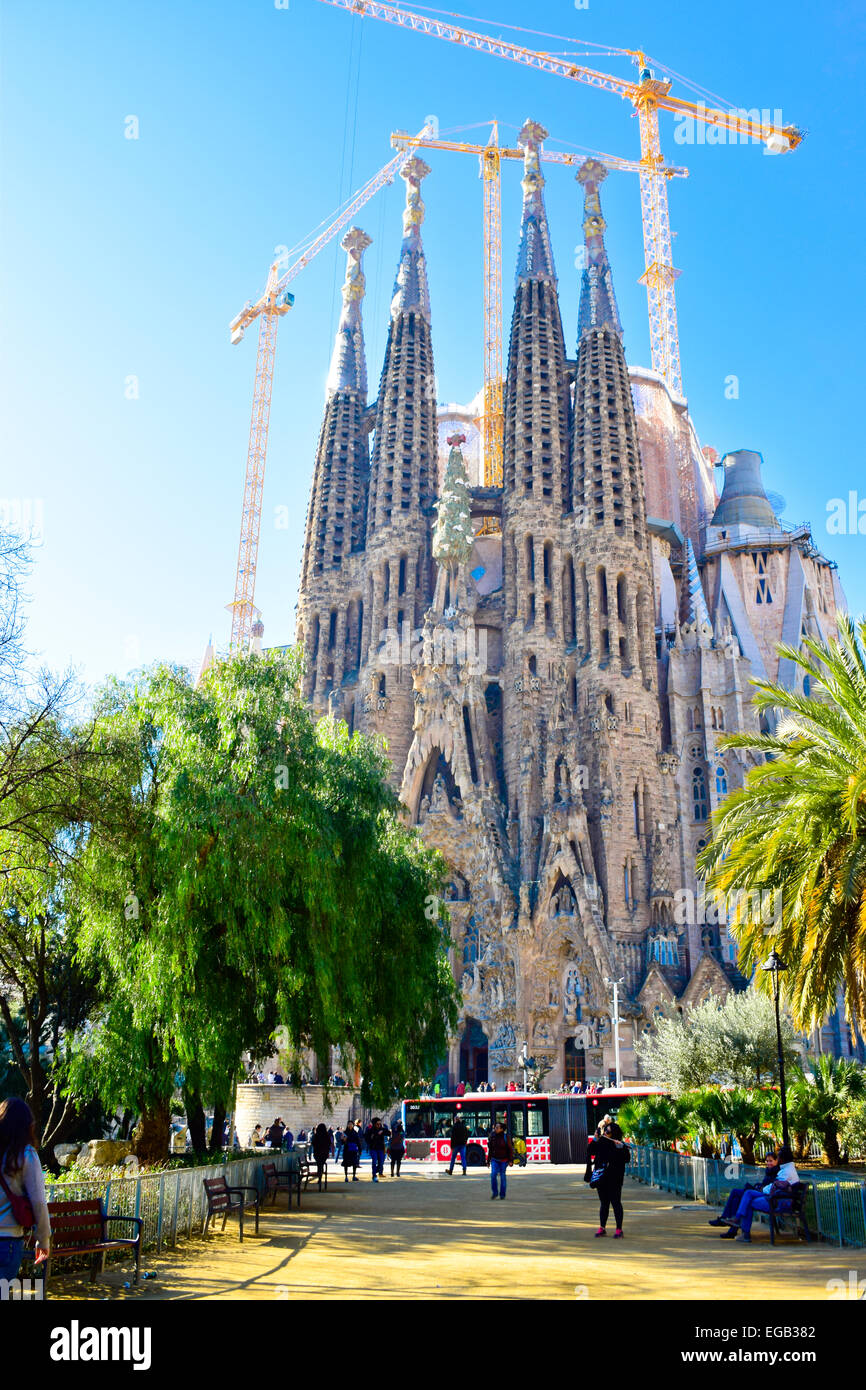 Sagrada Familia facade designed by Antoni Gaudi architect. Barcelona, Catalonia, Spain. Stock Photo
