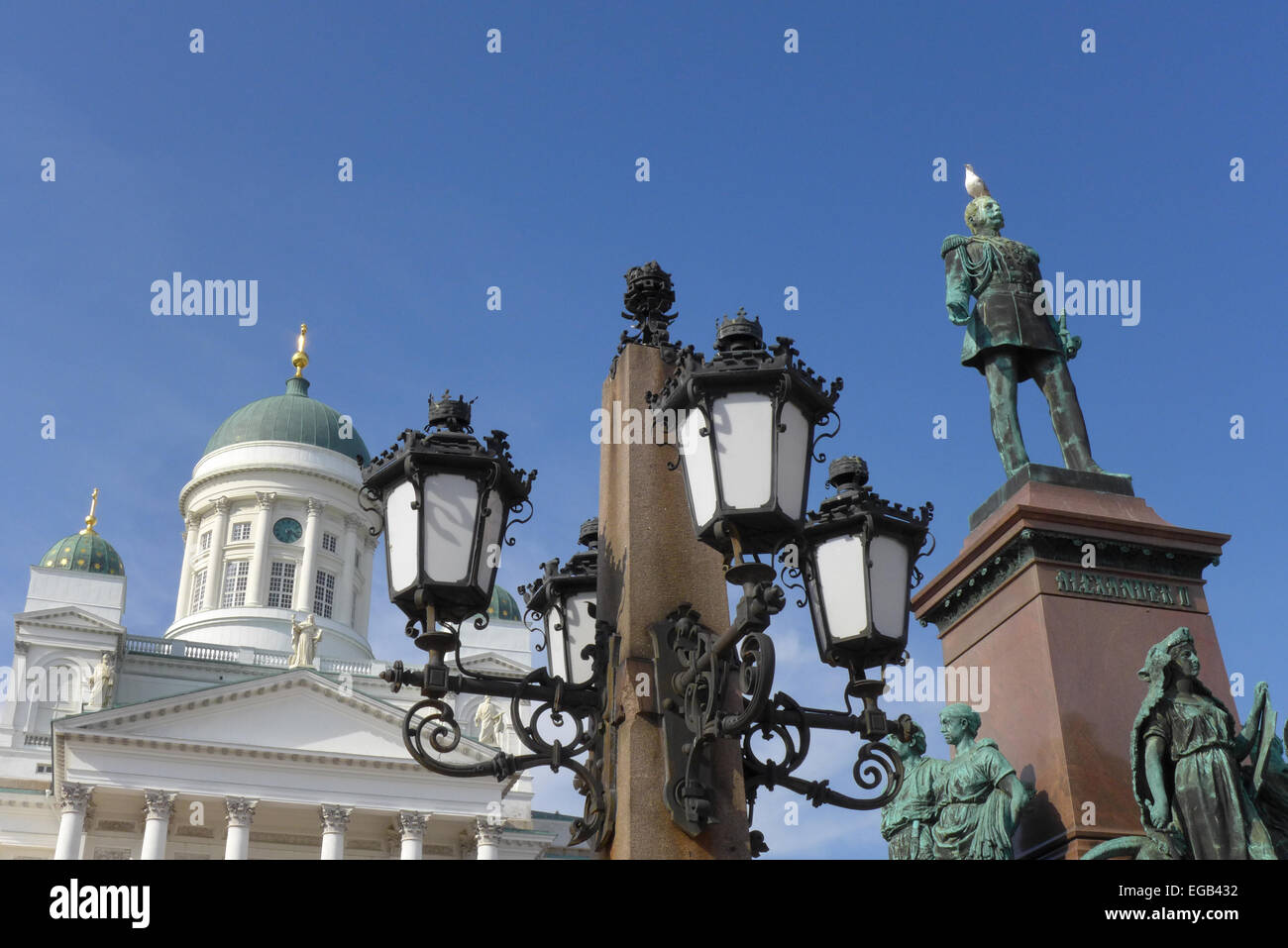 Senate Square in Helsinki with the Cathedral and the statue of Emperor Alexander 11 of Russia. Stock Photo