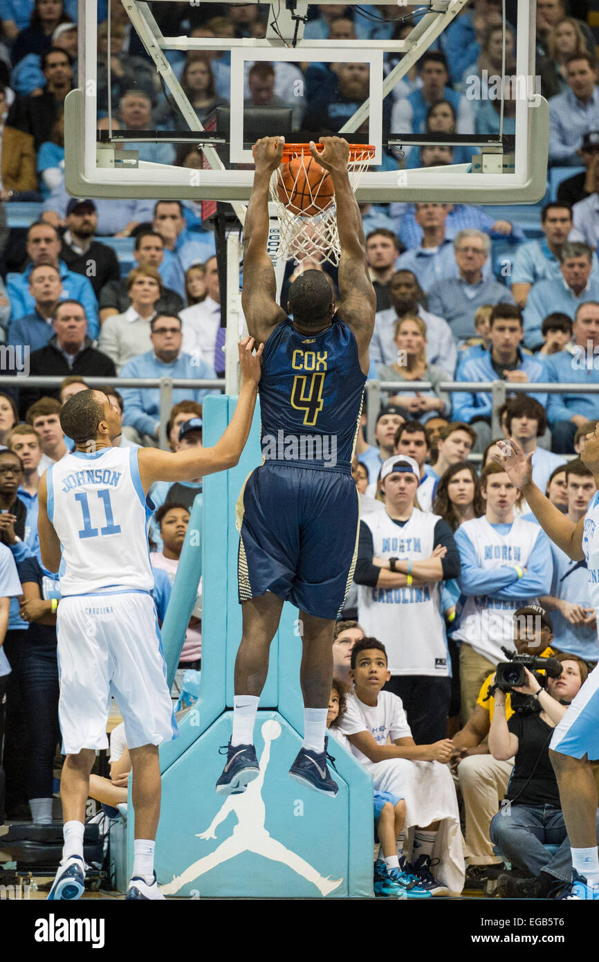 Chapel Hill, NC, USA. 21st Feb, 2015. Georgia Tech C Demarco Cox (4) during the NCAA Basketball game between the Georgia Tech Yellow Jackets and the North Carolina Tar Heels at the Dean E. Smith Center on February 21, 2015 in Chapel Hill, North Carolina. Jacob Kupferman/CSM/Alamy Live News Stock Photo