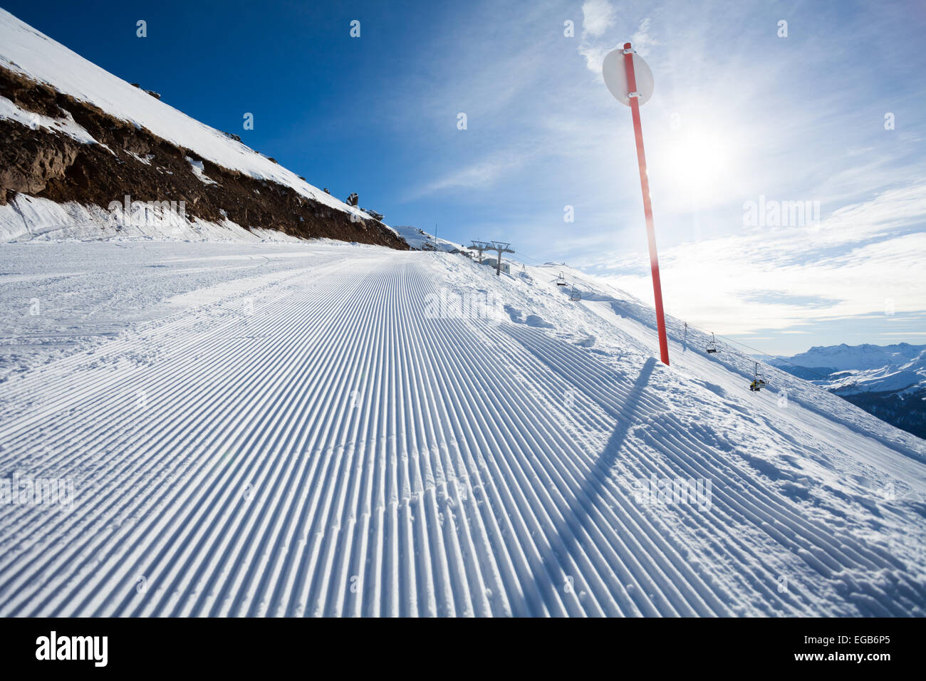 Winter landscape of long ski-track with sign Stock Photo