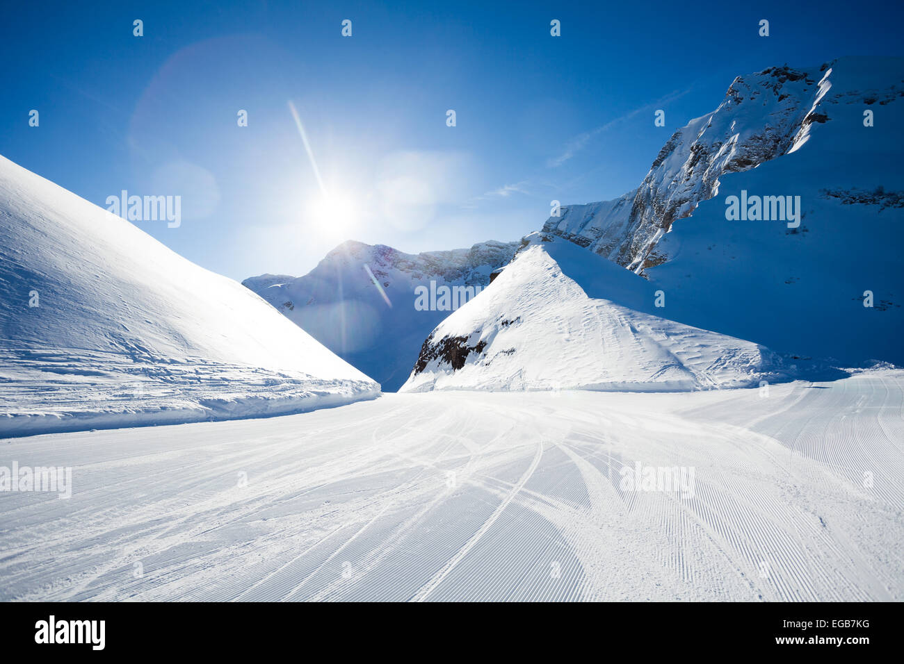 Beautiful winter ski-track near Caucasus mountains Stock Photo