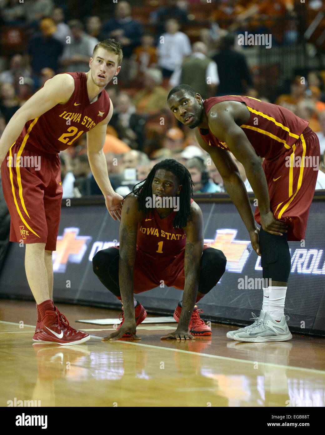 Feb 21, 2015. Dustin Hogue #22, Matt Thomas #21 and Jameel McKay #1 of the Iowa State Cyclones in action vs the Texas Longhorns at the Frank Erwin Center in Austin Texas. Iowa State defeats the Longhorns 85-77. Stock Photo