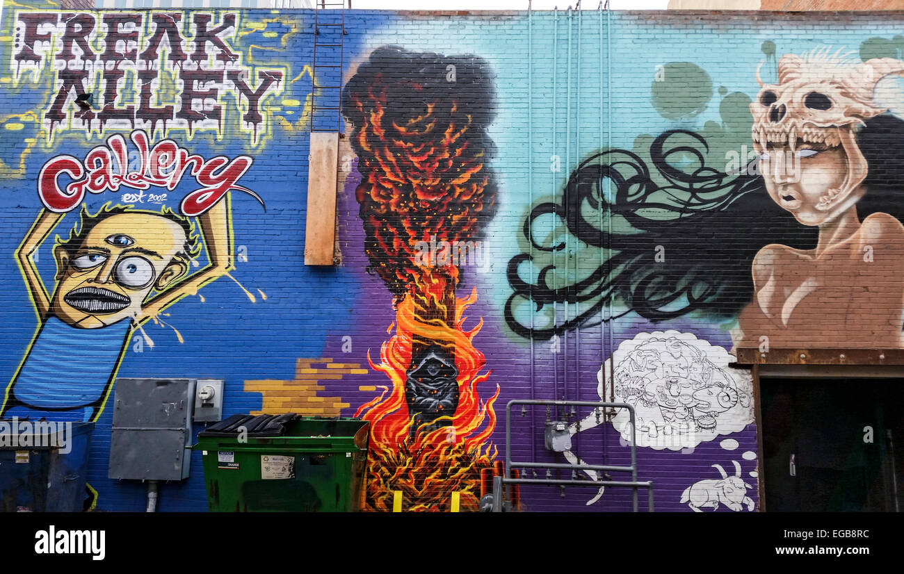 Freak Alley, an alley in Boise, Idaho covered with street art by talented artists. Stock Photo