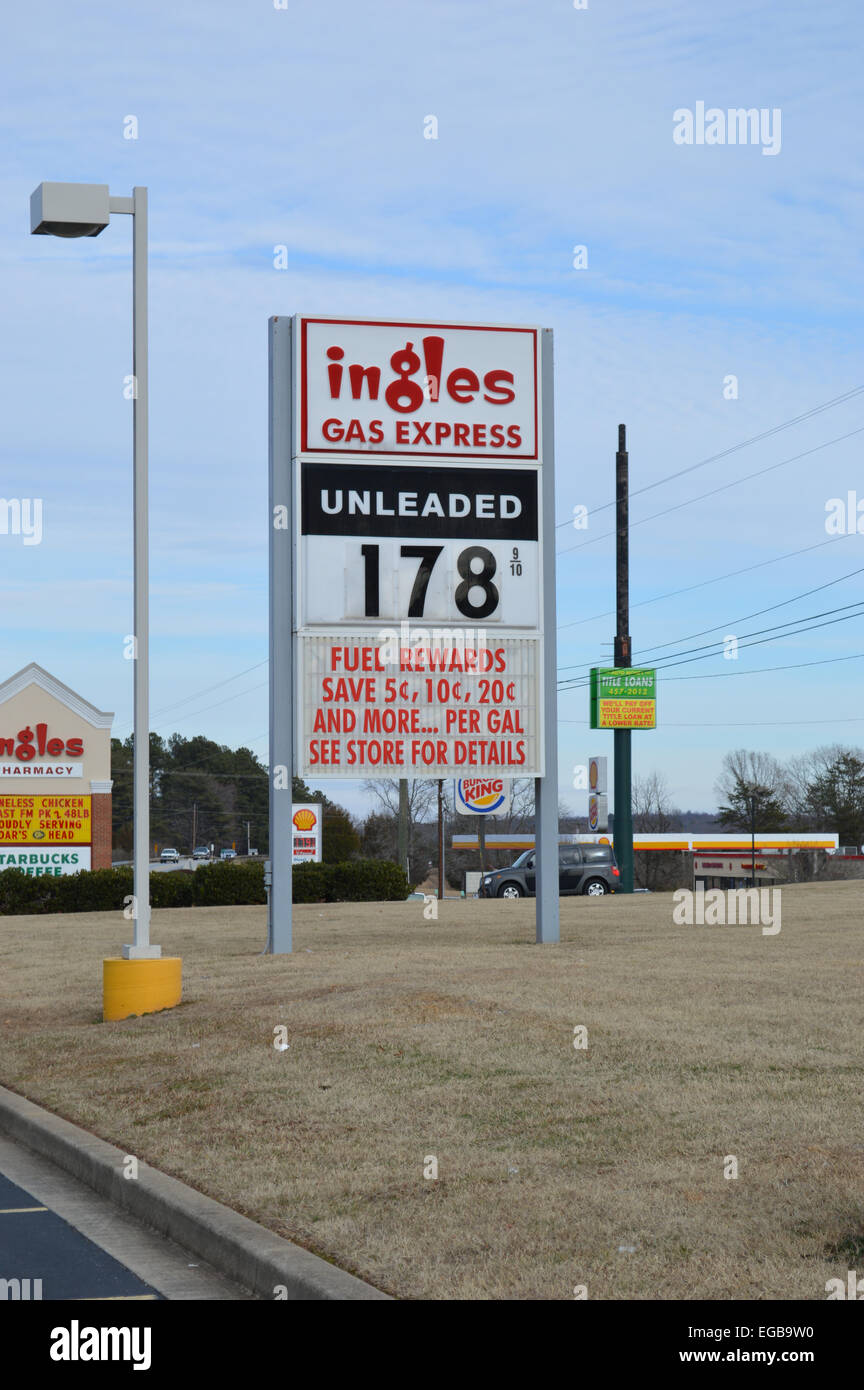 A sign at a Ingles Gas Express showing low gas prices. Stock Photo