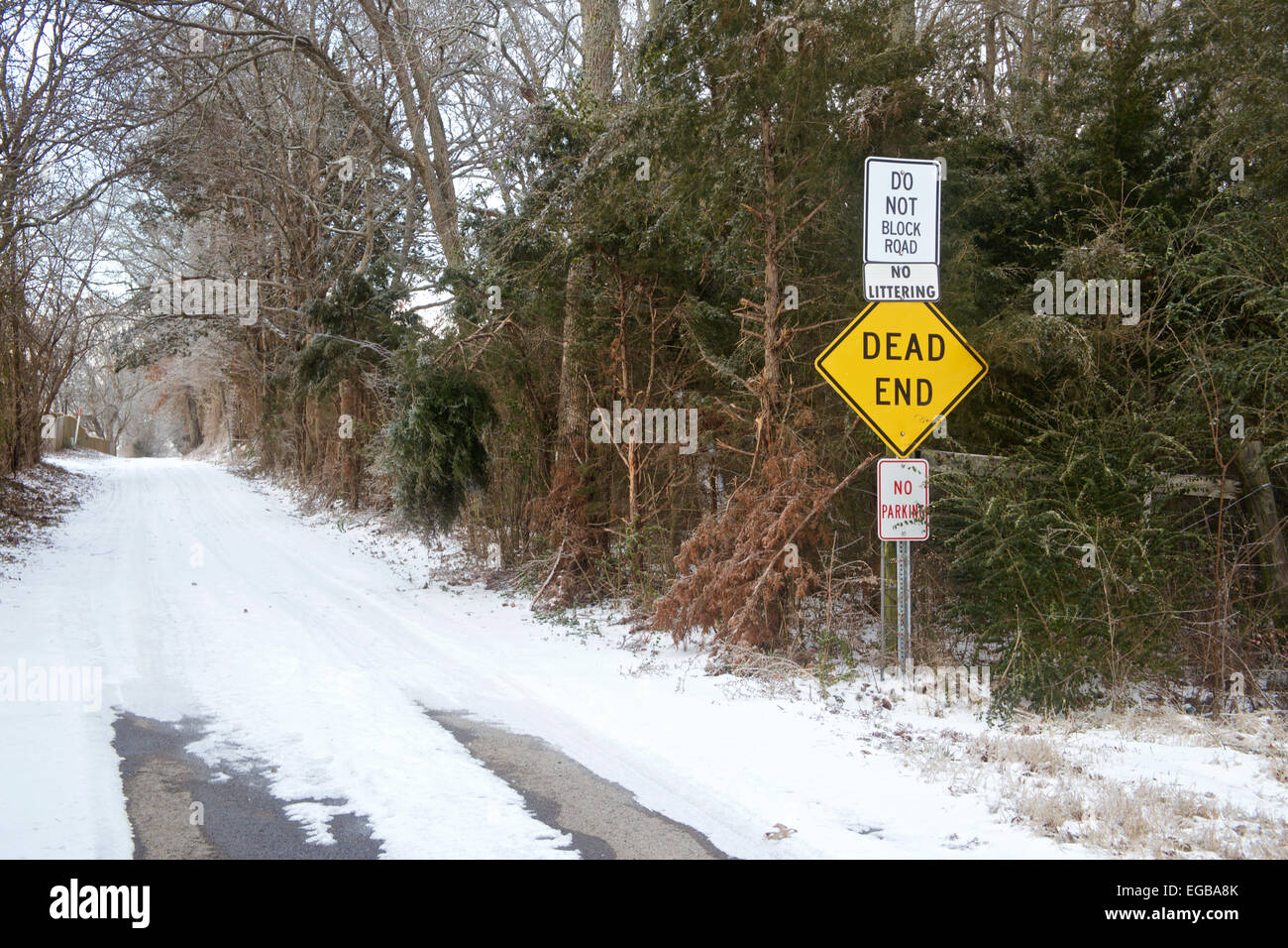 Snowy wooded roadway with dead end sign in front on entrance. Stock Photo