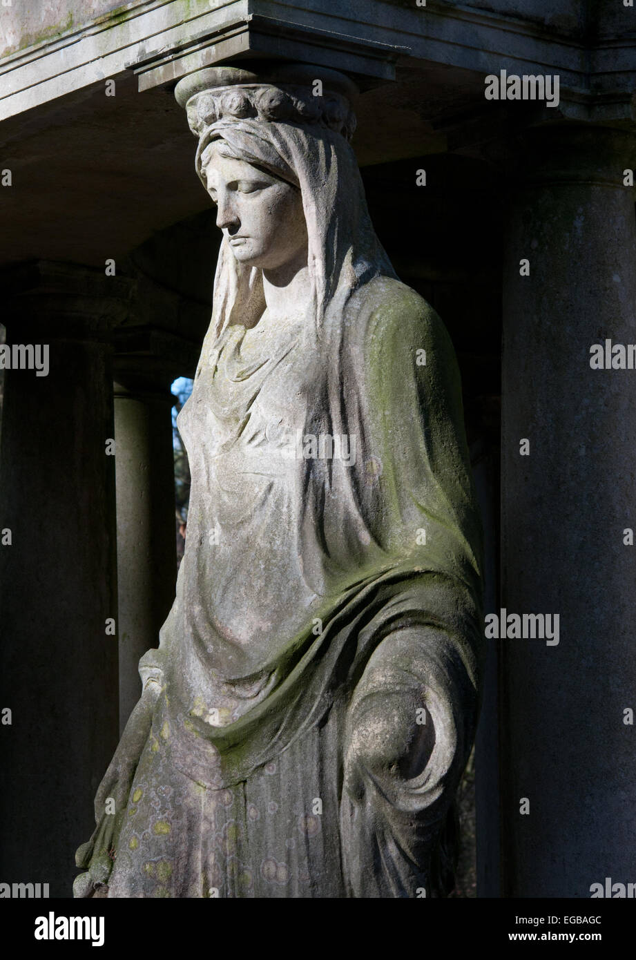 Grieving angel stone sculpture on grand tomb, Stahnsdorf Cemetery near Berlin Stock Photo
