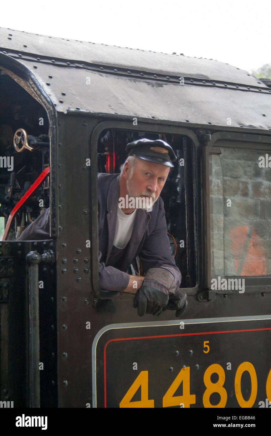 Train Driver inside engine at llangollen railway station Wales Stock