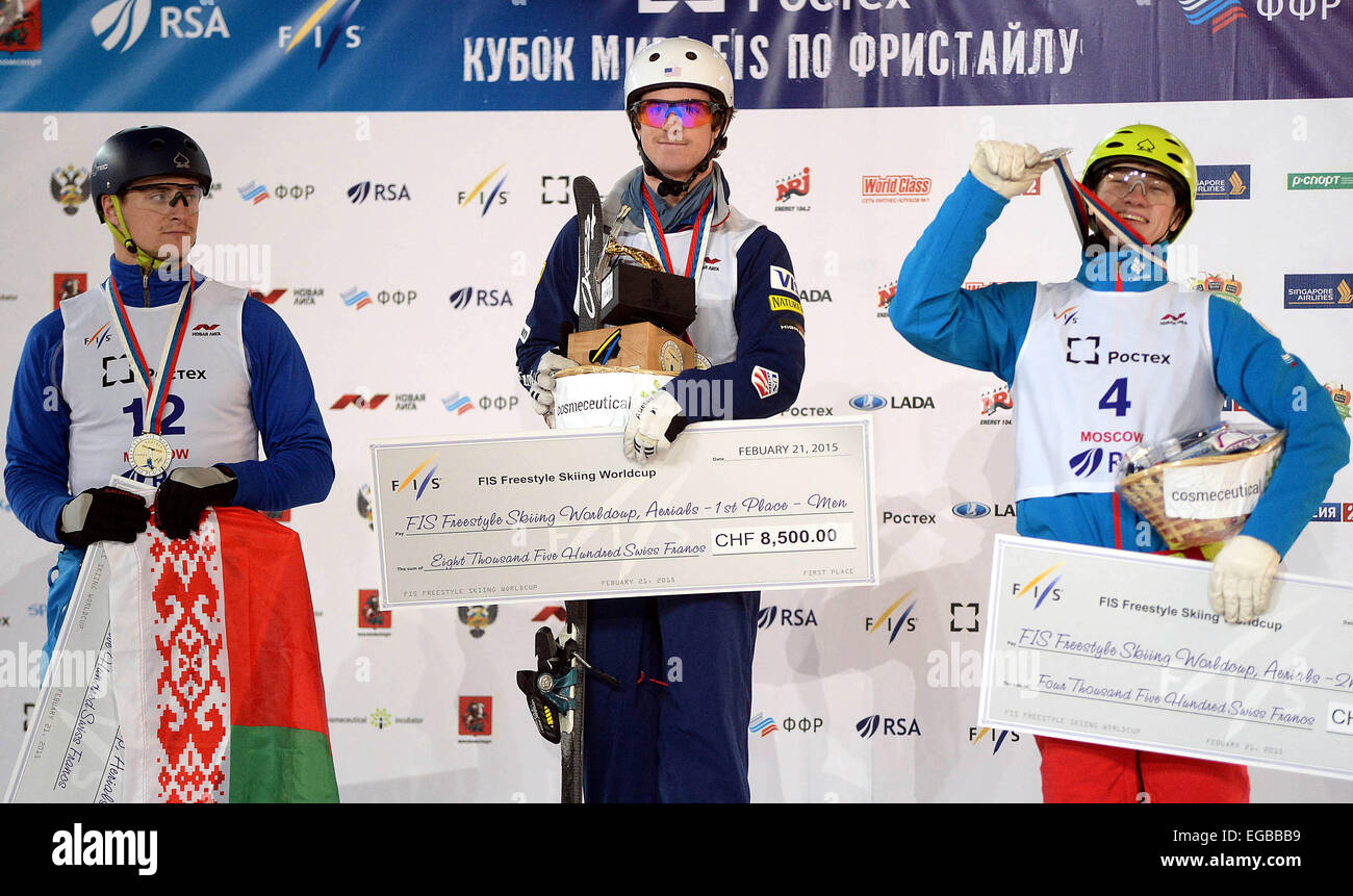 Moscow, Russia. 21st Feb, 2015. Bronze medalist Maxim Gustik (L) of Belarus, silver medalist Ilya Burov (R) of Russia and the winner Mac Bohonnon of the United States celebrate during the awarding ceremony for men's event at the FIS freestyle skiing world cup in Moscow, capital of Russia, Feb. 21, 2015. Credit:  Pavel Bednyakov/Xinhua/Alamy Live News Stock Photo