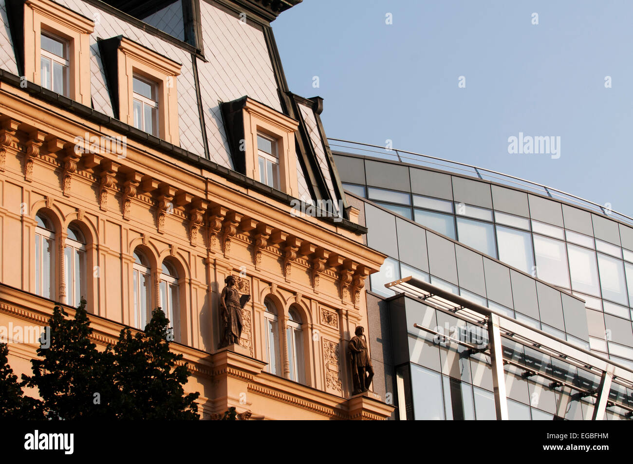Old and new architecture on Na Prikope Street, which separates the Old Town and New Town. Stock Photo