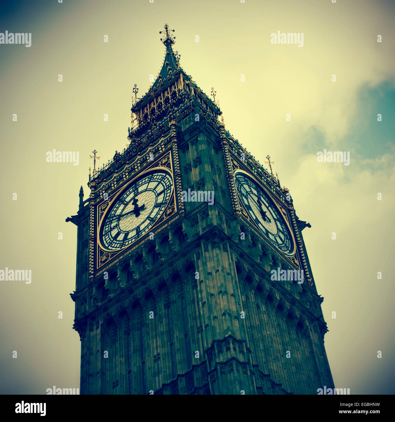 closeup of the Big Ben in London, United Kingdom, with a retro effect Stock Photo
