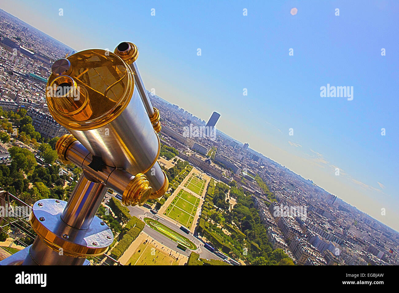 View from the Eiffel tower towards Champs de Mars and Tour Montparnasse. Stock Photo
