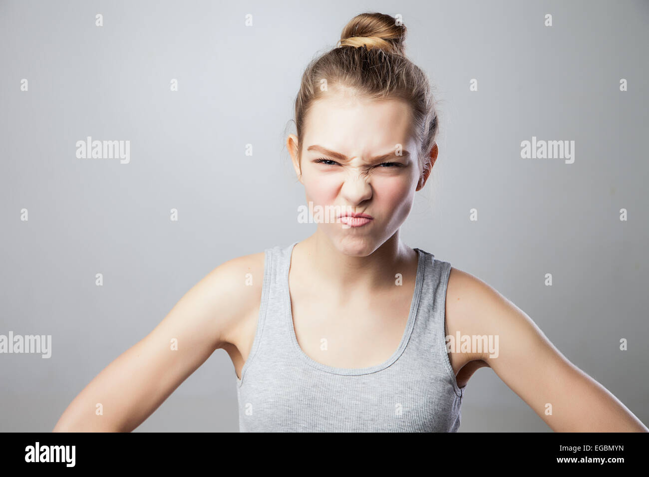 Closeup portrait, pangry, grumpy, skeptical young woman Stock Photo