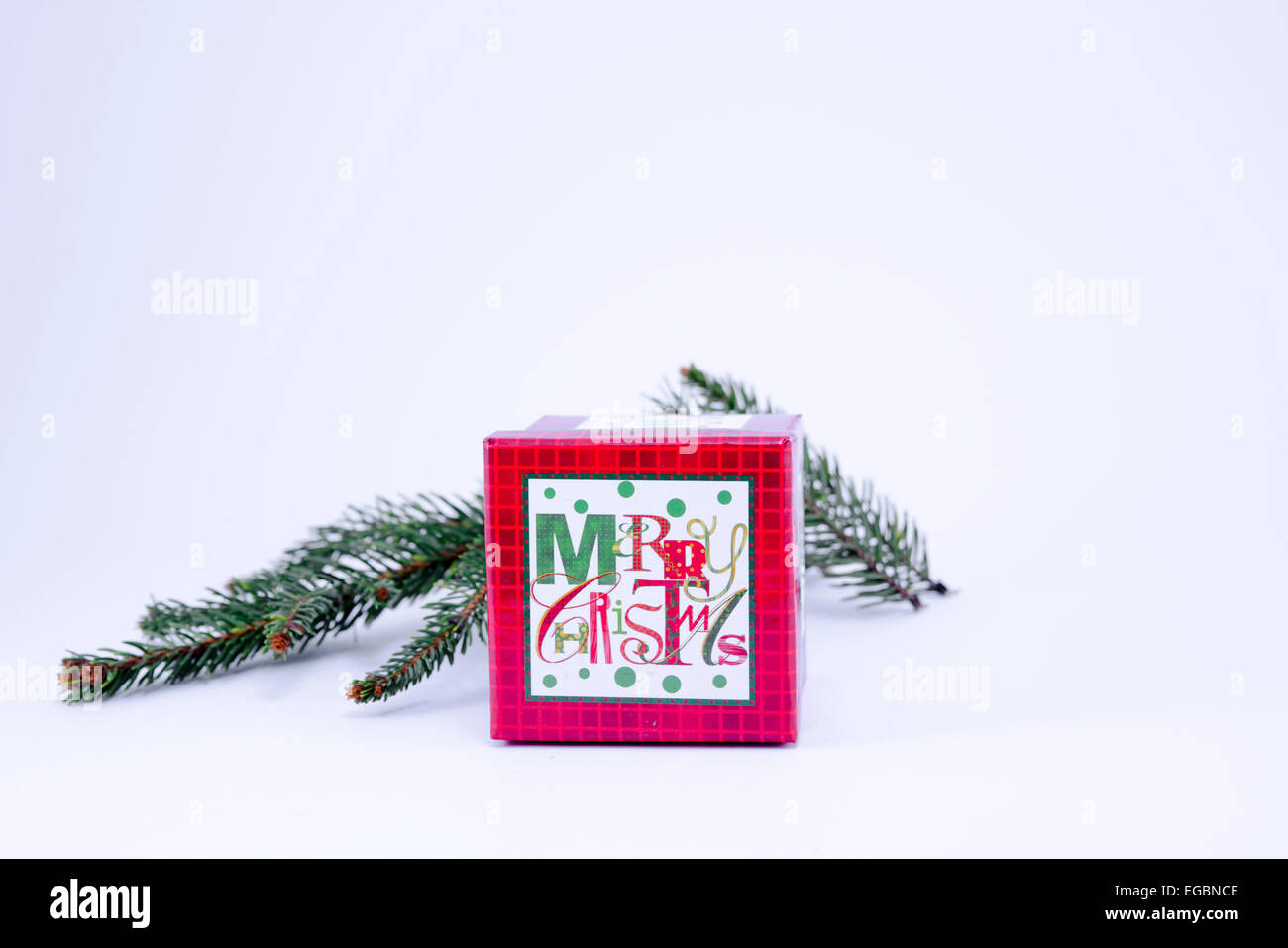 Red present box and a fir branch on white Stock Photo