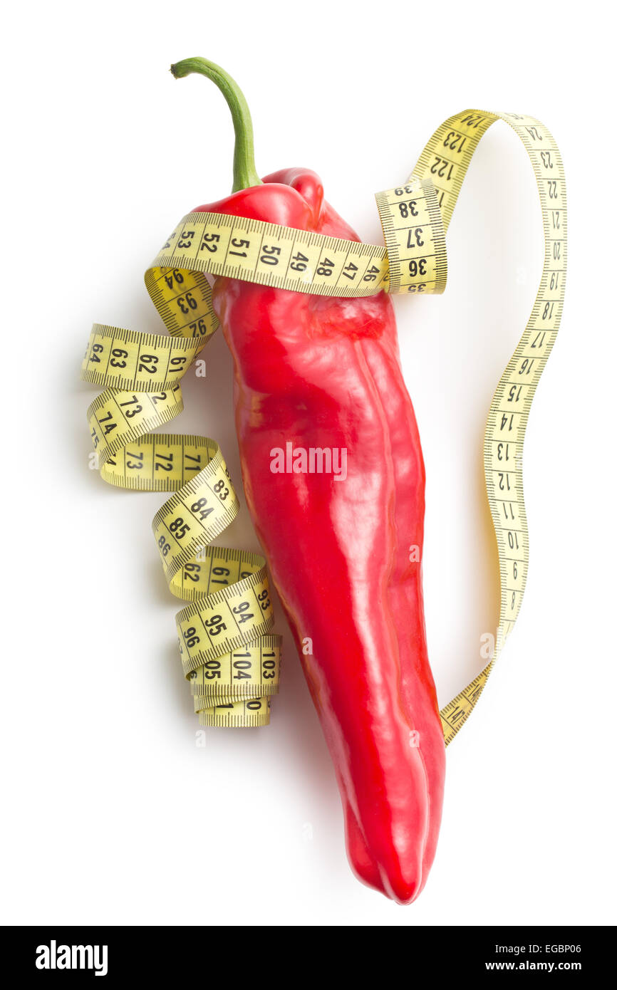 red pepper and measuring tape on white background Stock Photo