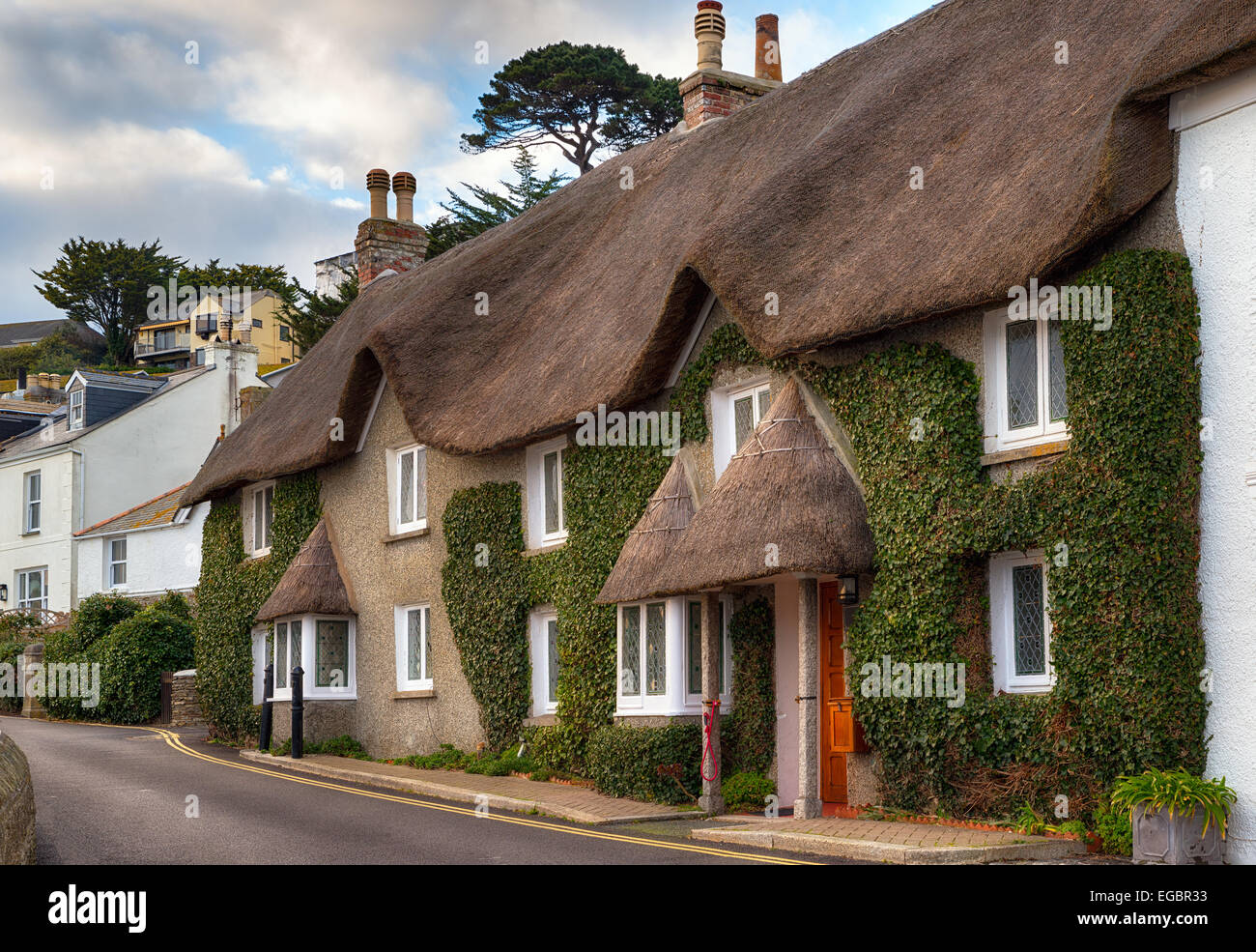 Pretty Thatched Cottages At The Seaside Town Of St Mawes Near