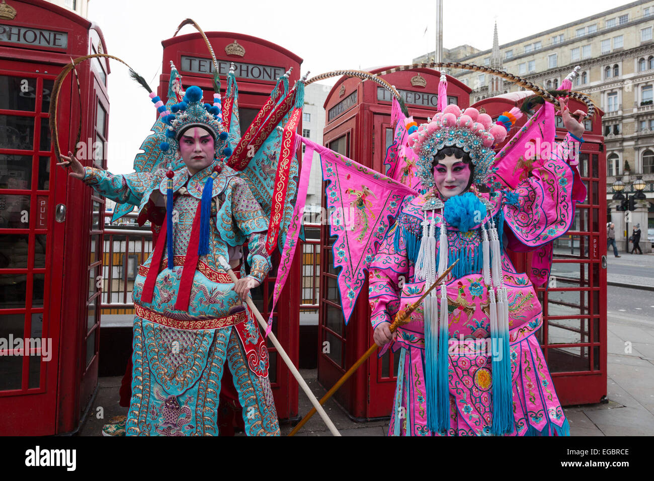 London, UK. 22nd February 2015. Costumed performers get ready for the Chinese New Year Parade along Charing Cross Road and Chinatown which traditionally kicks off the Chinese New Year's Celebrations in London. This year is the Year of the Sheep. Credit:  Nick Savage/Alamy Live News Stock Photo