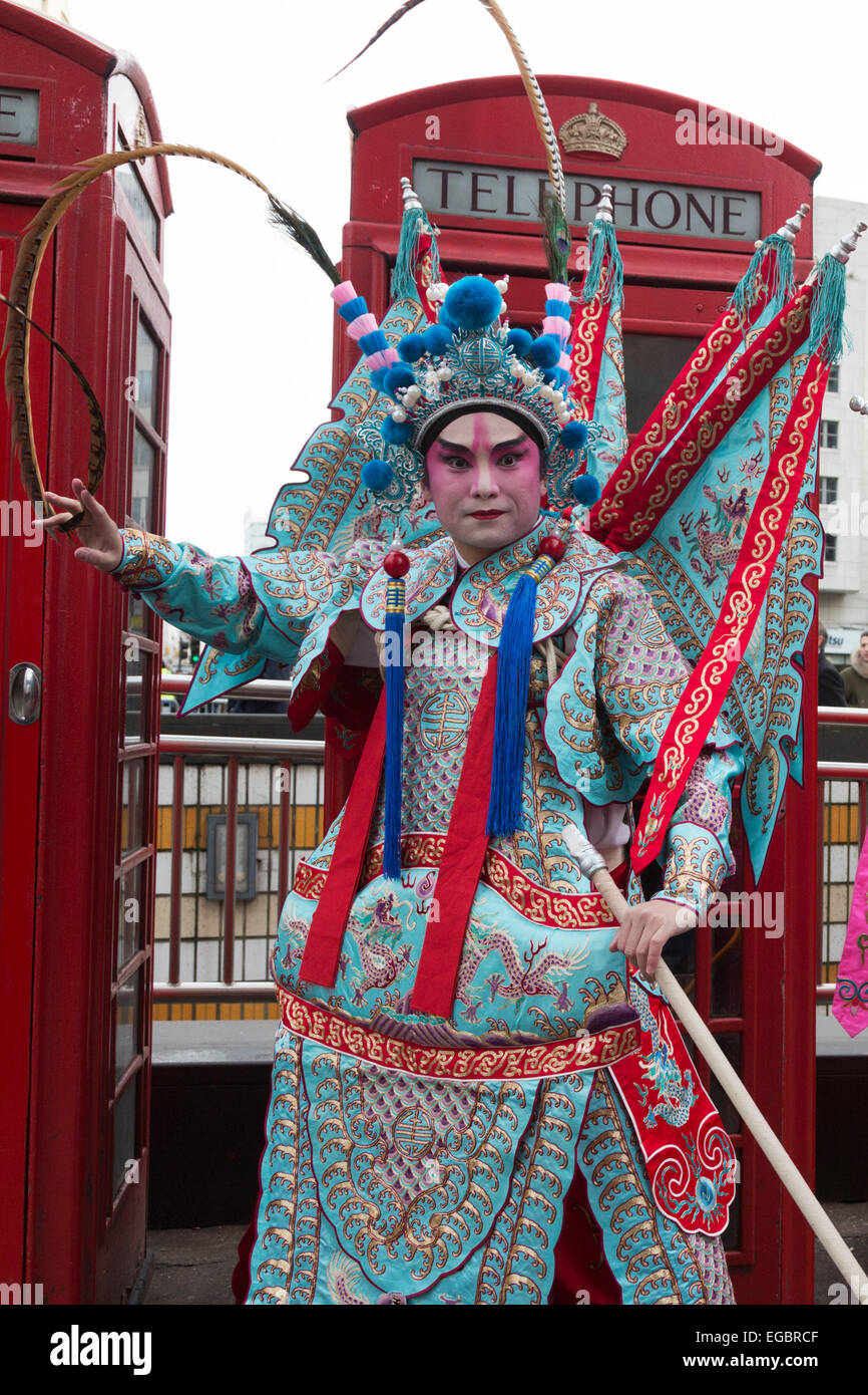 London, UK. 22nd February 2015. Costumed performers get ready for the Chinese New Year Parade along Charing Cross Road and Chinatown which traditionally kicks off the Chinese New Year's Celebrations in London. This year is the Year of the Sheep. Credit:  Nick Savage/Alamy Live News Stock Photo