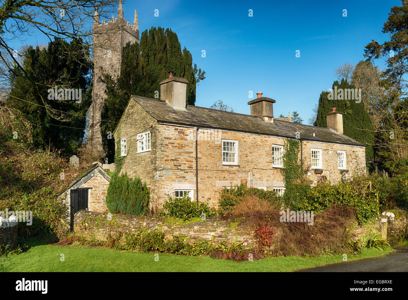 Pretty stone cottages at the village of Altarnun on Bodmin Moor in Cornwall Stock Photo