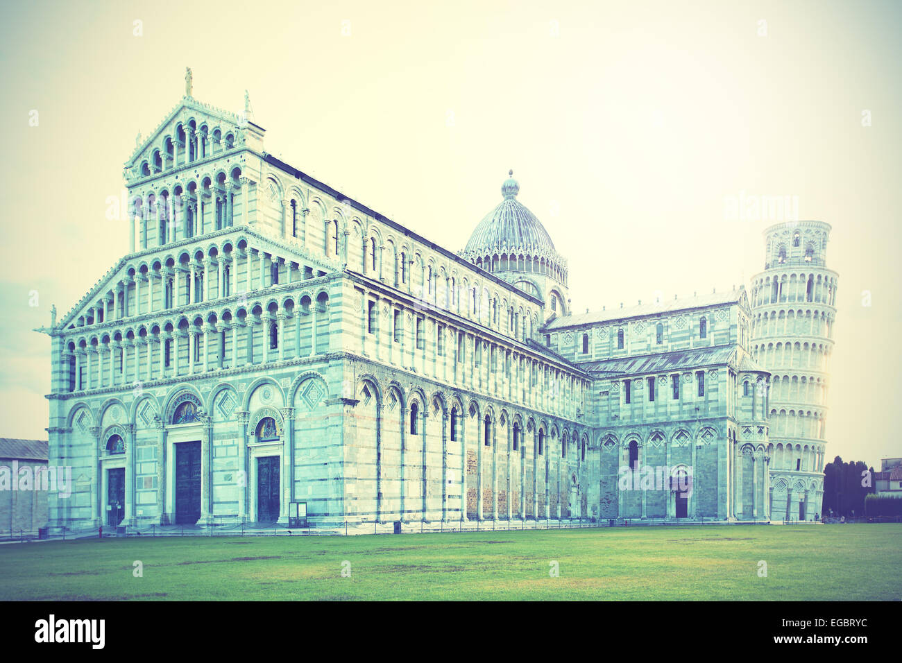 Cathedral and the Leaning tower in Pisa, Italy. Retro style filtred image Stock Photo