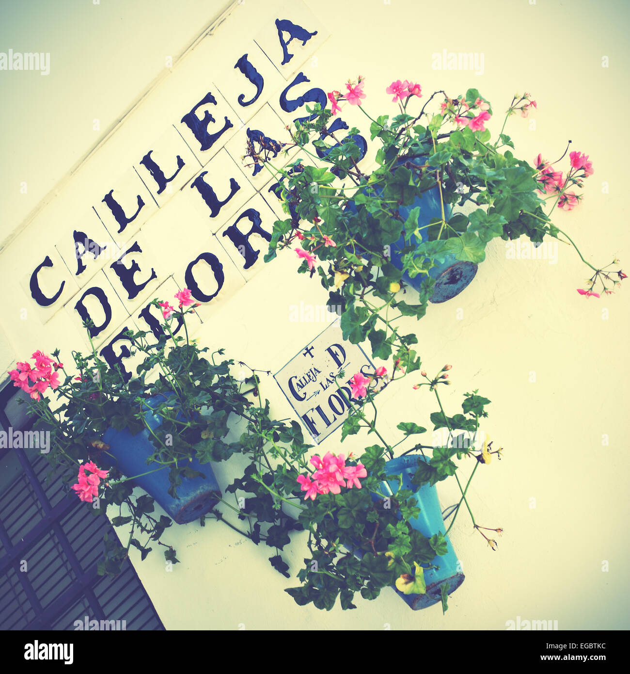 Lane of flowers (Calleja de las flores) in Cordoba, Spain. Retro style filtred image Stock Photo