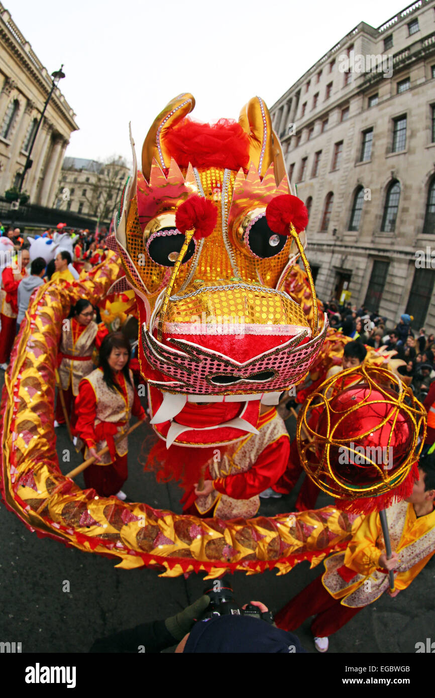London, UK. 22nd February 2015. Dragon Dancers at the Chinese New Year Parade 2015, London for the year of the goat or sheep. Credit:  Paul Brown/Alamy Live News Stock Photo