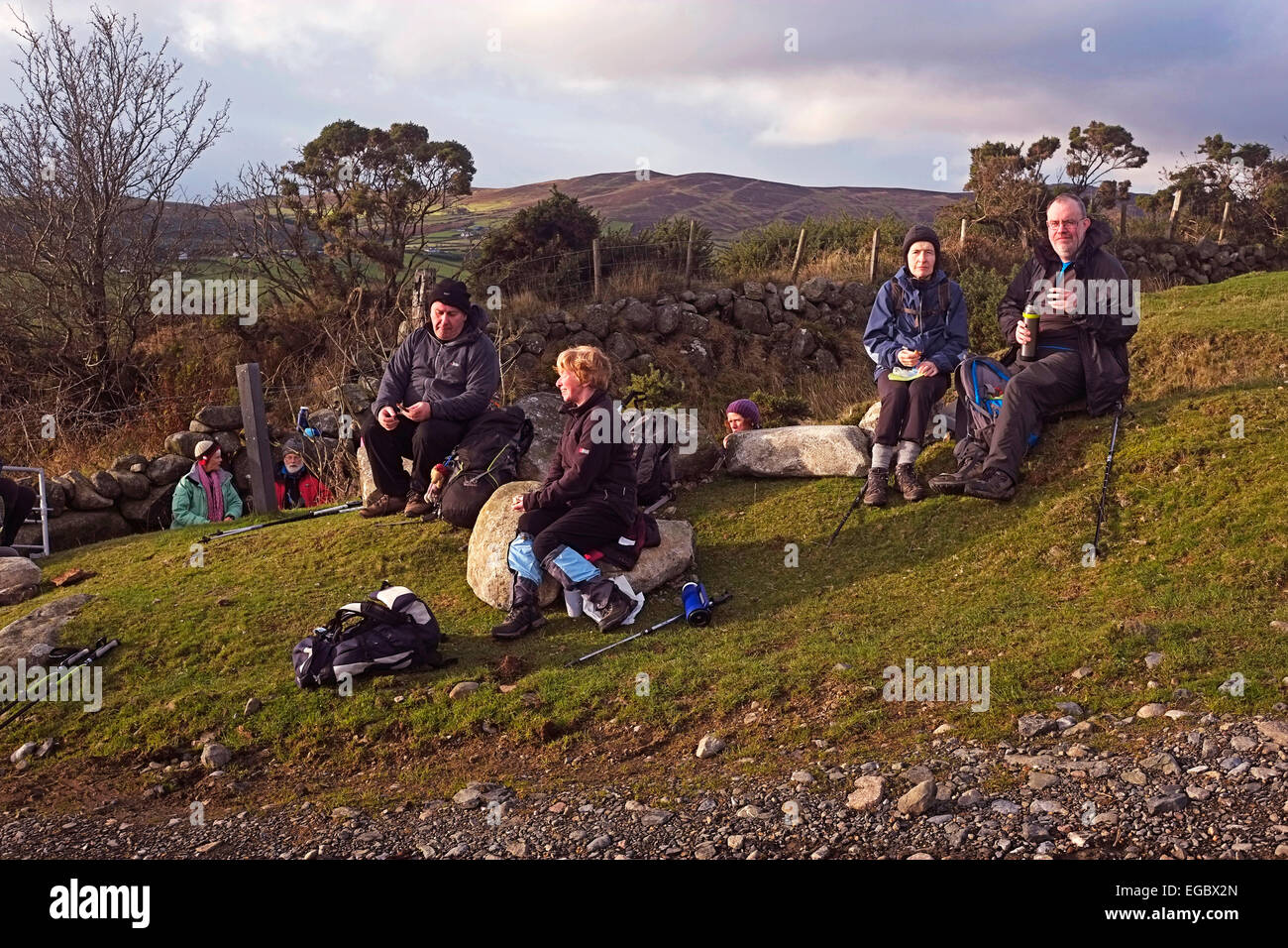 Walkers taking a break in the Cooley Mountains Carlingford co. Louth Ireland Stock Photo