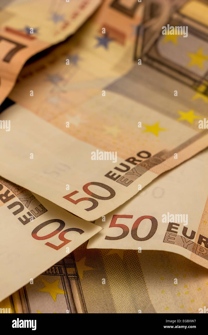 Money, three Euro banknotes in portrait format. Stock Photo