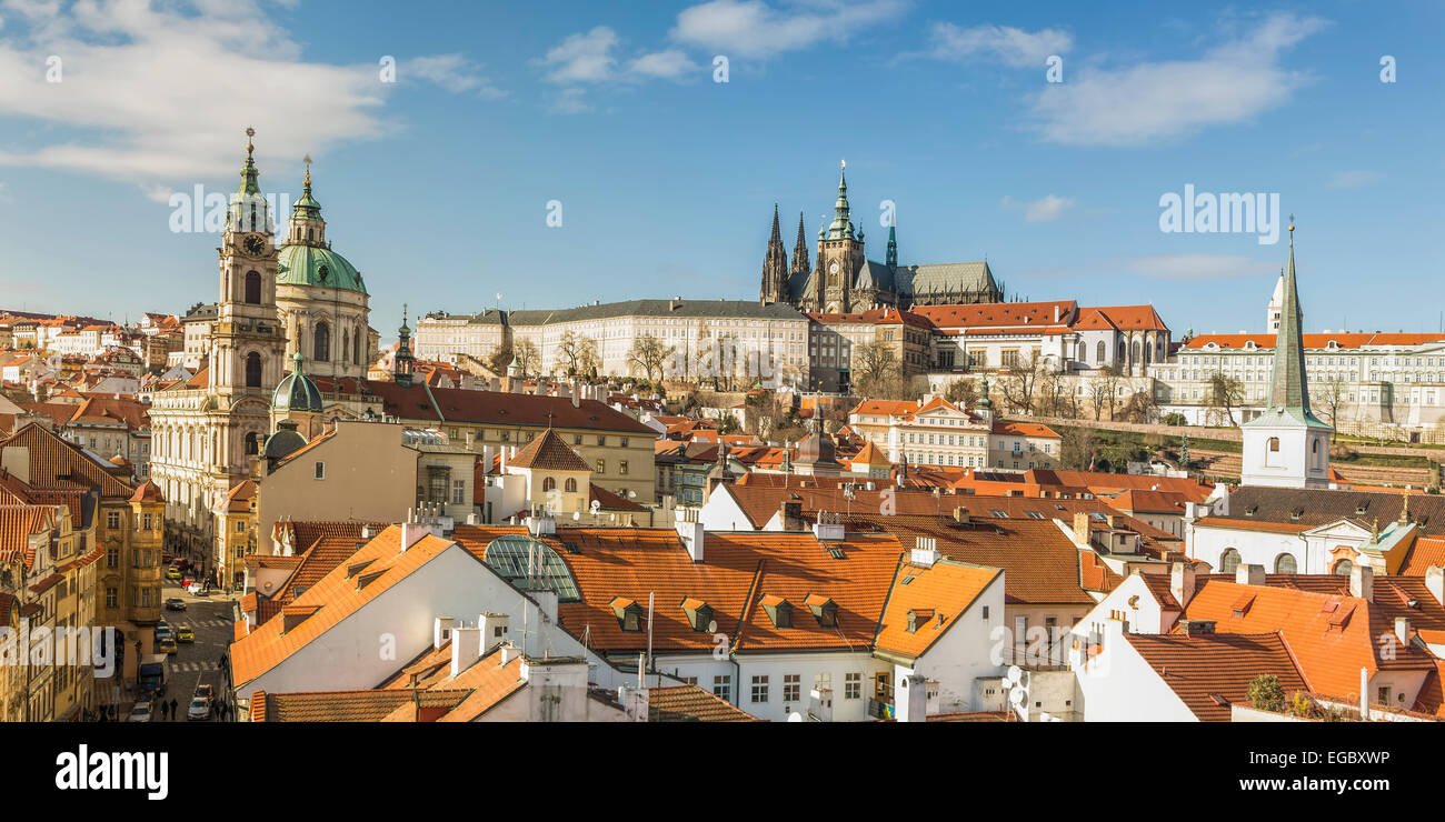 Prague Panorama on sunny early spring taken from the tower of Charles Bridge Stock Photo