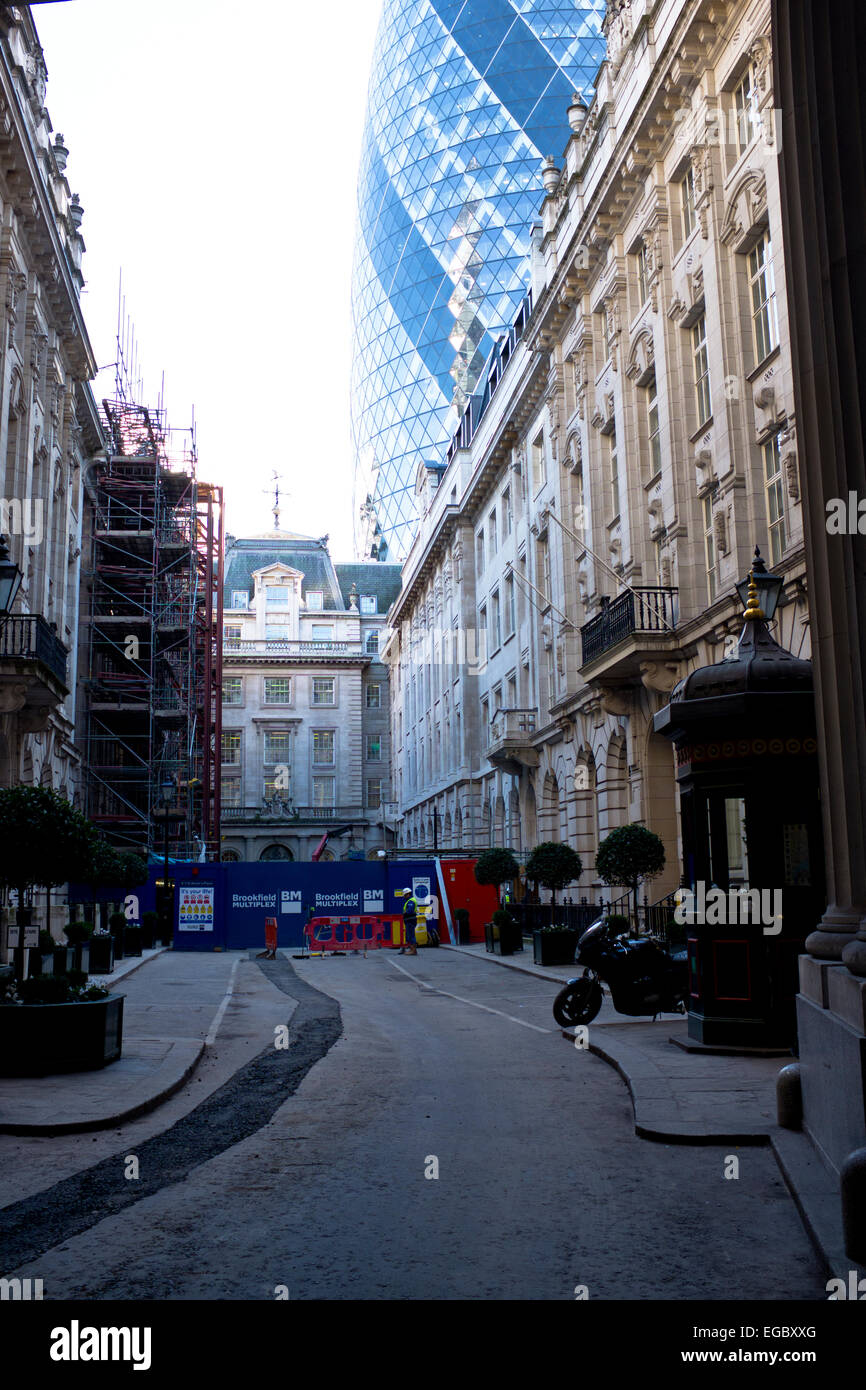 The Gherkin seen through St Helen's Place,one of London's most Architectural wonders mixed with the old and the new,London EC3 Stock Photo