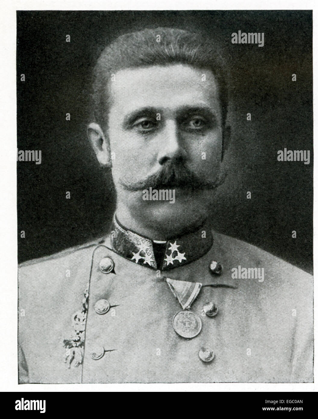 This photo shows the Archduke Francis Ferdinand, heir apparent to the throne of Austria-Hungary. It was his murder,along with his wife Princess Sophie, on June 28, 1914, in Sarajevo that was the starting point of World War I. Stock Photo